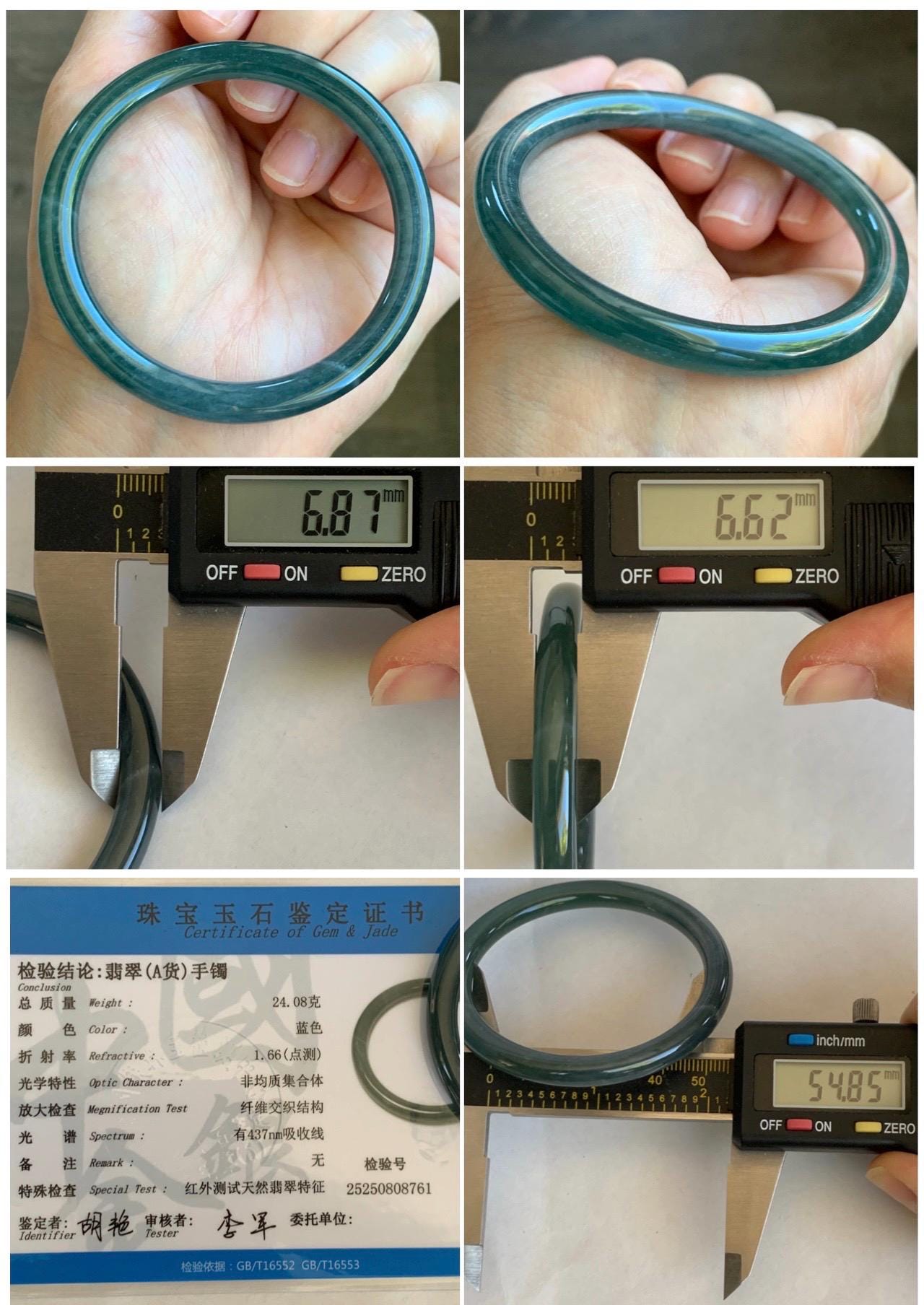 Certified Natural Grade A Guatemalan Icy Translucent Dark Dusty Teal Blue Jade Jadeite Slim Bangle 54.85mm 6.78” 天然冰胶危深蓝翡翠细圆条手镯 8761