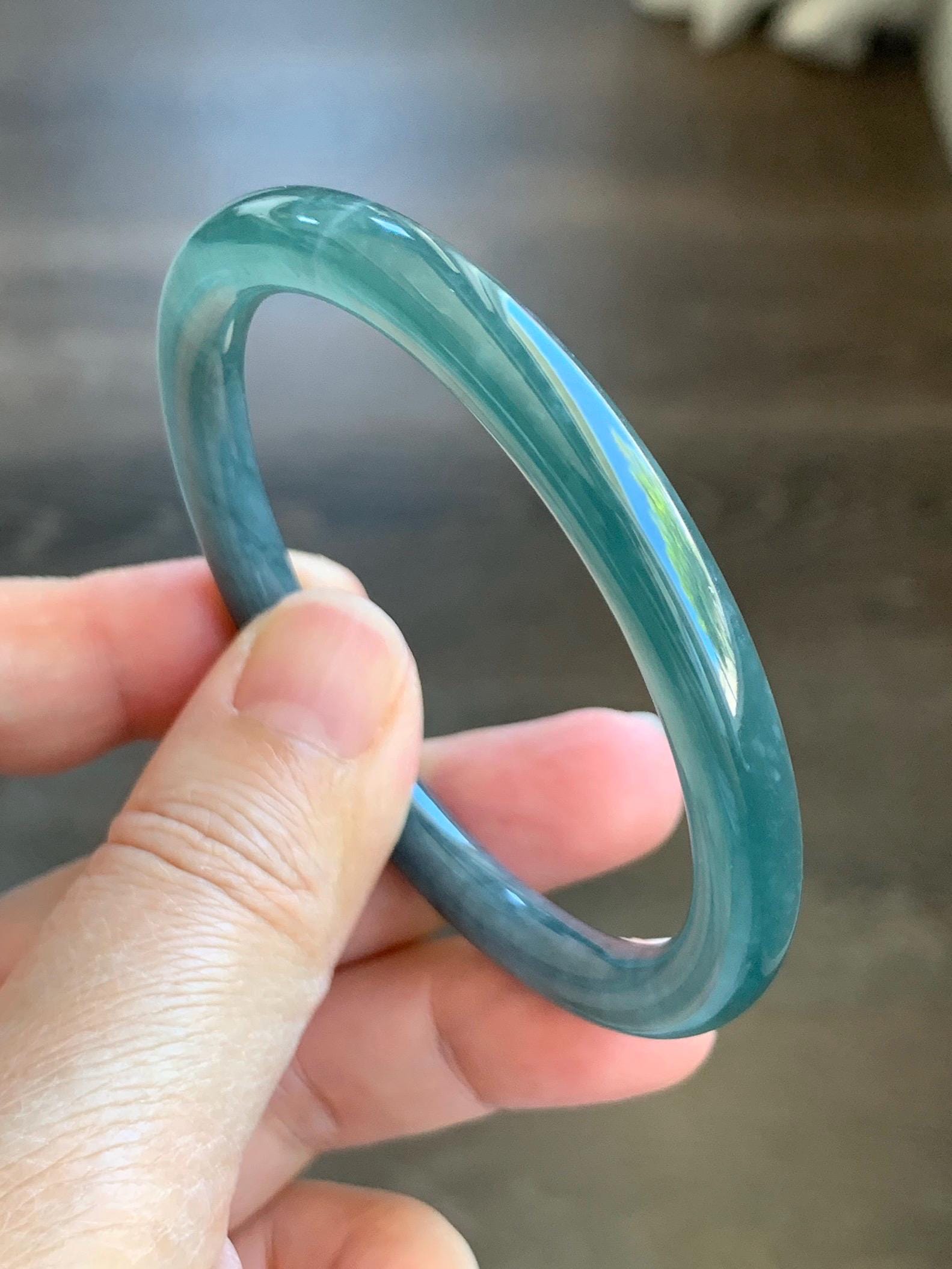 Certified Natural Grade A Guatemalan Icy Translucent Dark Dusty Teal Blue Jade Jadeite Slim Bangle 54.85mm 6.78” 天然冰胶危深蓝翡翠细圆条手镯 8761