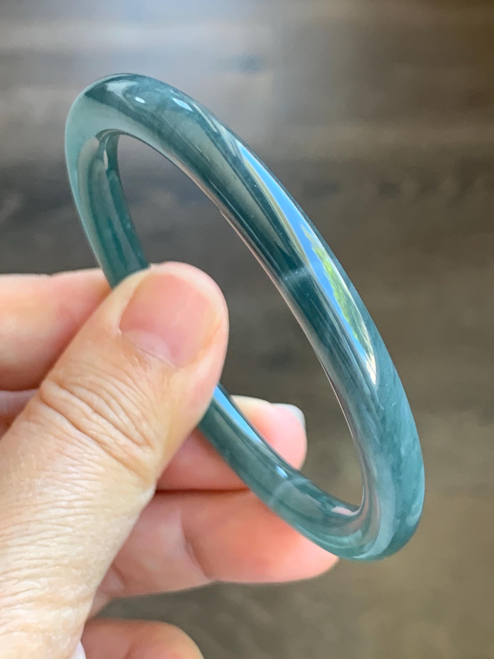 Certified Natural Grade A Guatemalan Icy Translucent Dark Dusty Teal Blue Jade Jadeite Slim Bangle 54.85mm 6.78” 天然冰胶危深蓝翡翠细圆条手镯 8761