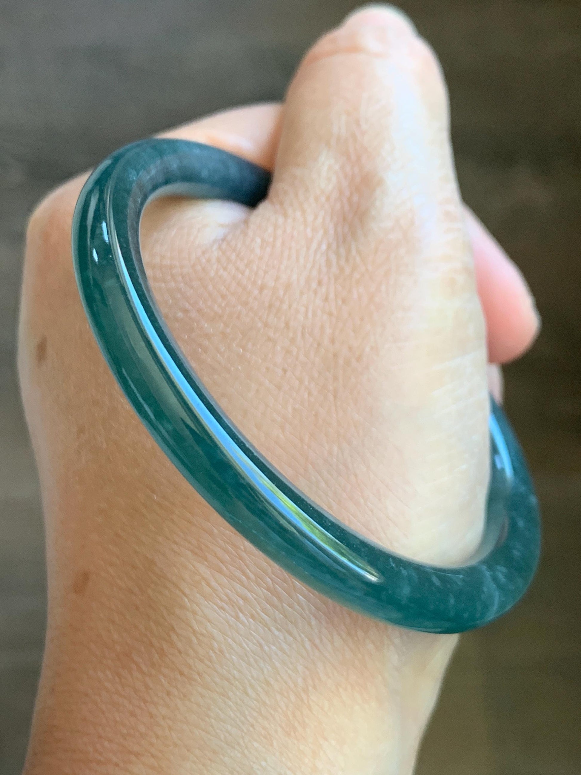 Certified Natural Grade A Guatemalan Icy Translucent Dark Dusty Teal Blue Jade Jadeite Slim Bangle 54.85mm 6.78” 天然冰胶危深蓝翡翠细圆条手镯 8761