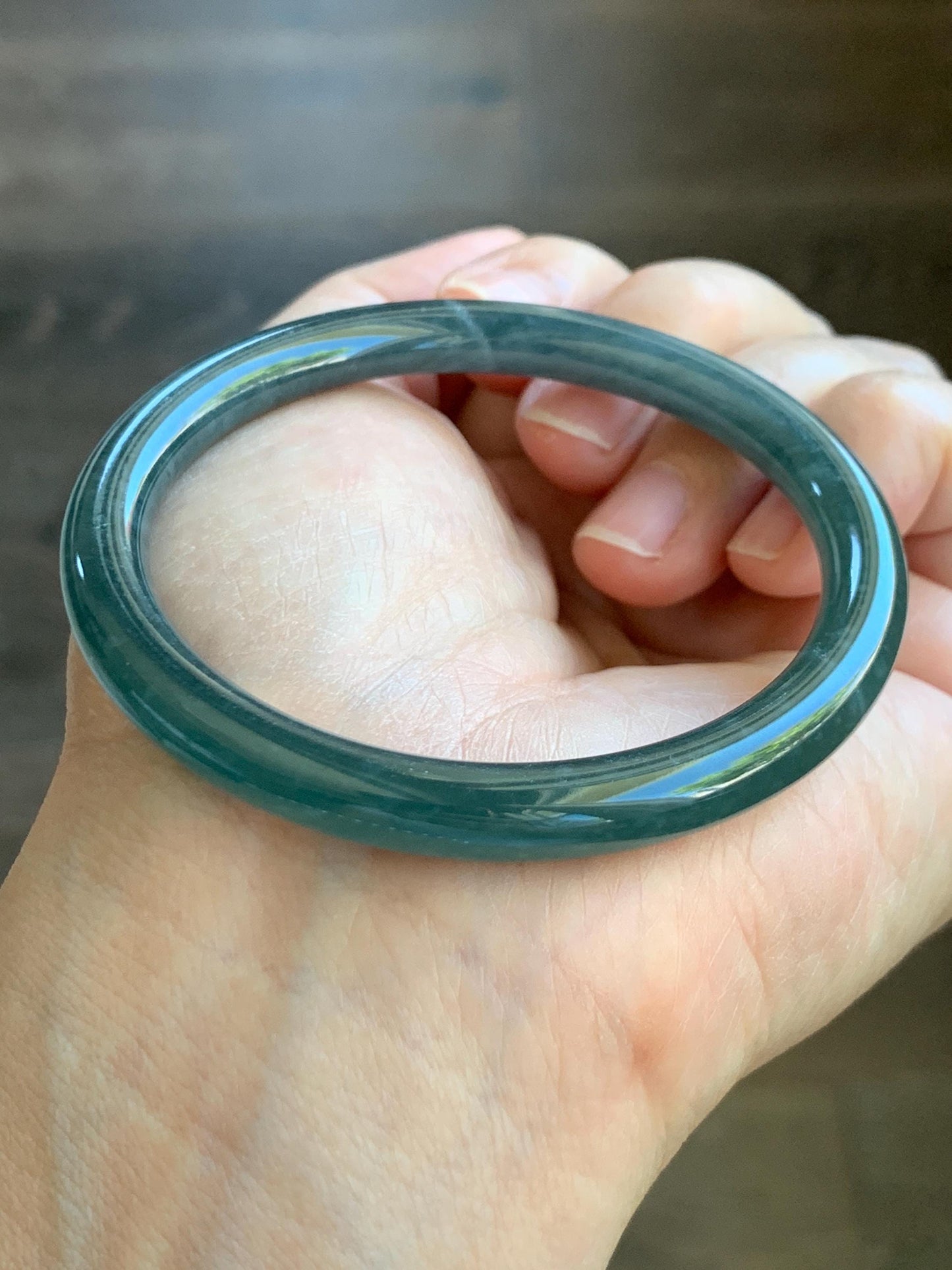 Certified Natural Grade A Guatemalan Icy Translucent Dark Dusty Teal Blue Jade Jadeite Slim Bangle 54.85mm 6.78” 天然冰胶危深蓝翡翠细圆条手镯 8761