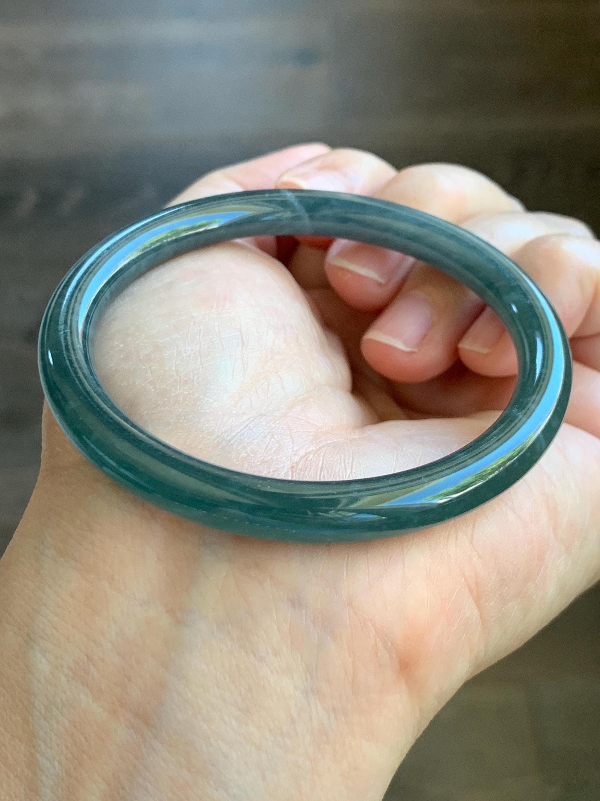 Certified Natural Grade A Guatemalan Icy Translucent Dark Dusty Teal Blue Jade Jadeite Slim Bangle 54.85mm 6.78” 天然冰胶危深蓝翡翠细圆条手镯 8761