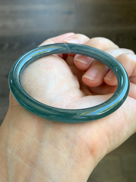 Certified Natural Grade A Guatemalan Icy Translucent Dark Dusty Teal Blue Jade Jadeite Slim Bangle 54.85mm 6.78” 天然冰胶危深蓝翡翠细圆条手镯 8761