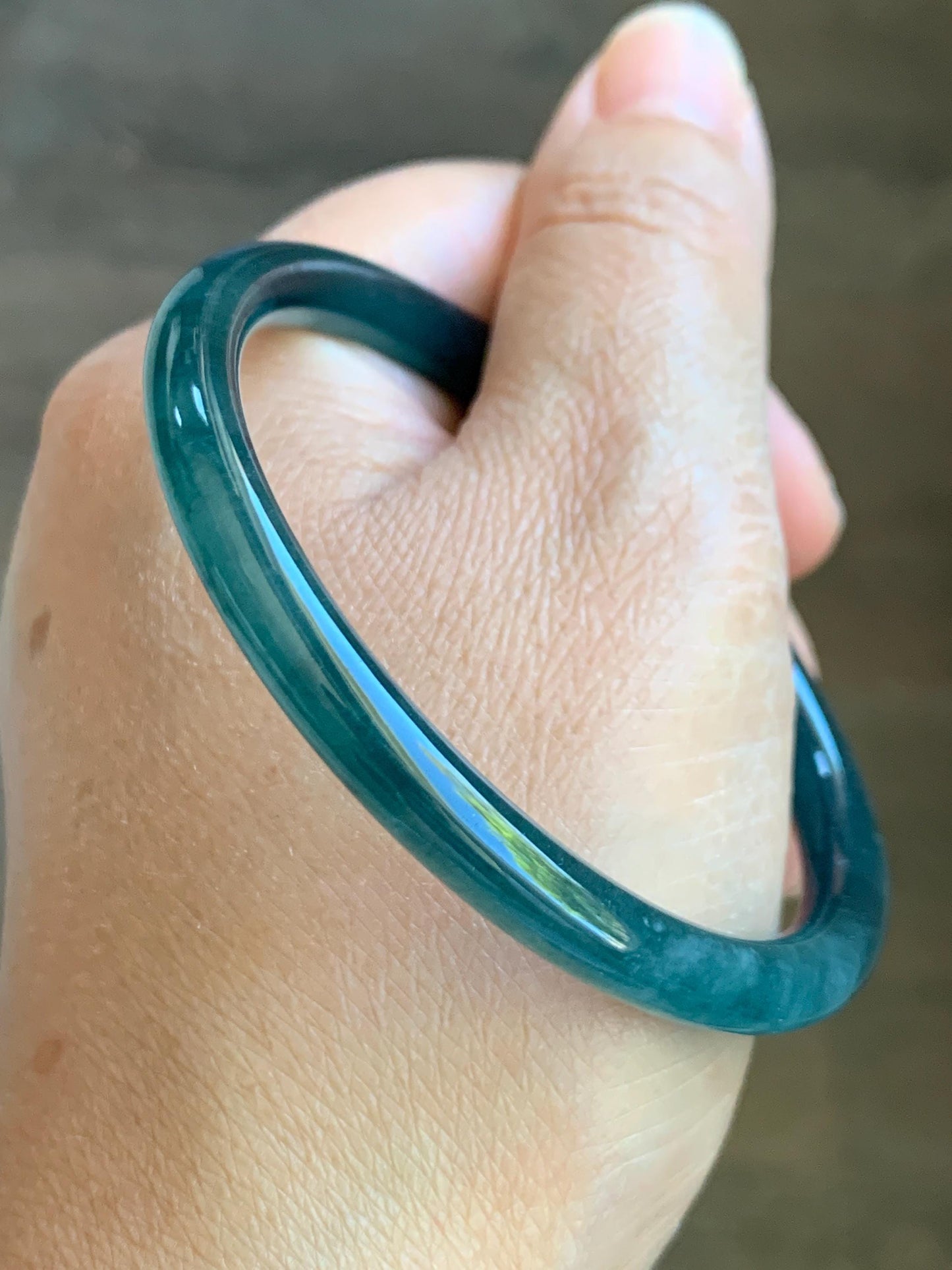 Certified Natural Grade A Guatemalan Icy Translucent Dark Teal Blue Jade Jadeite Slim Bangle 55.68mm 6.88” 天然冰胶危深蓝翡翠细圆条手镯 8773