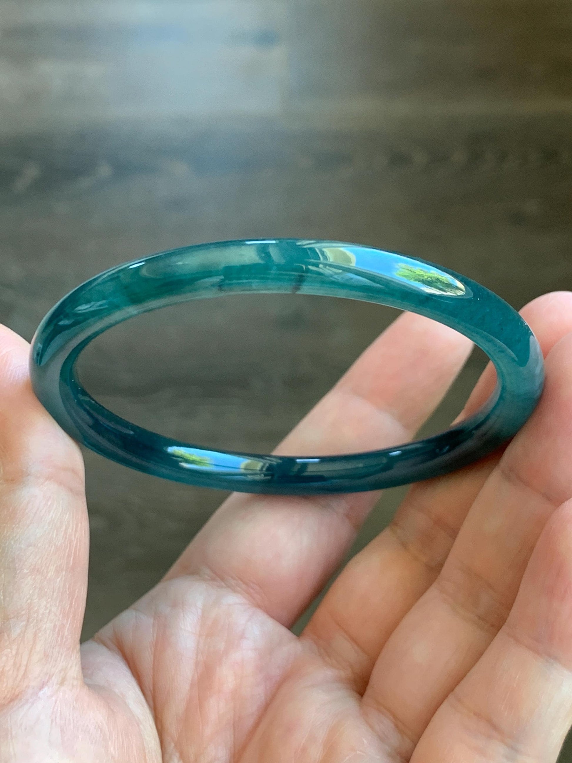 Certified Natural Grade A Guatemalan Icy Translucent Dark Teal Blue Jade Jadeite Slim Bangle 55.68mm 6.88” 天然冰胶危深蓝翡翠细圆条手镯 8773