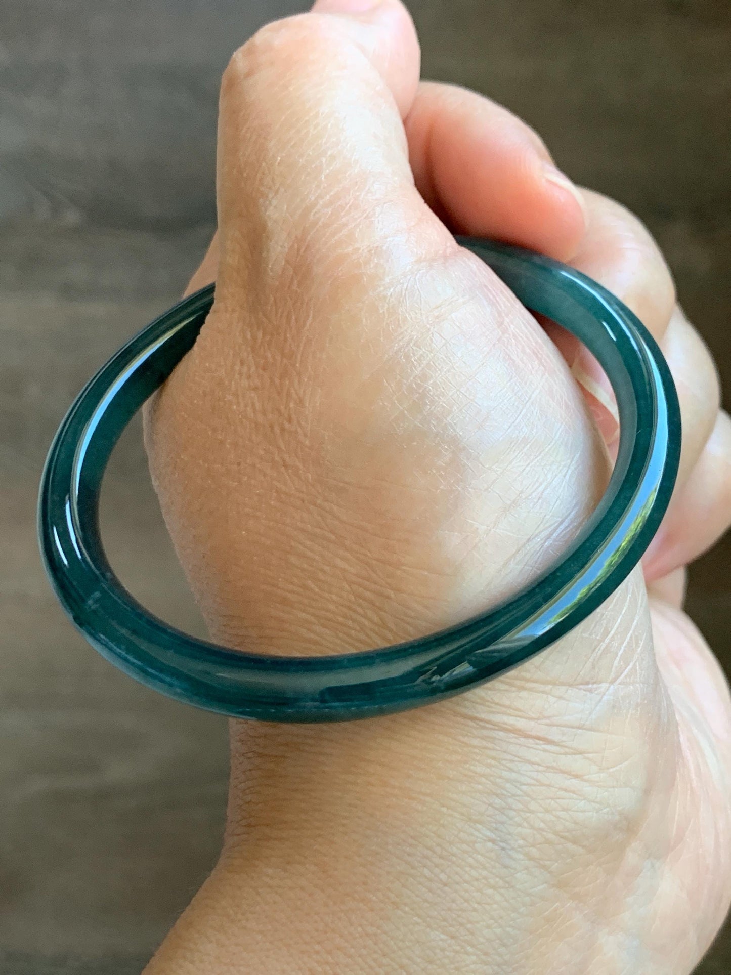 Certified Natural Grade A Guatemalan Icy Translucent Dark Teal Blue Jade Jadeite Slim Bangle 55.68mm 6.88” 天然冰胶危深蓝翡翠细圆条手镯 8773