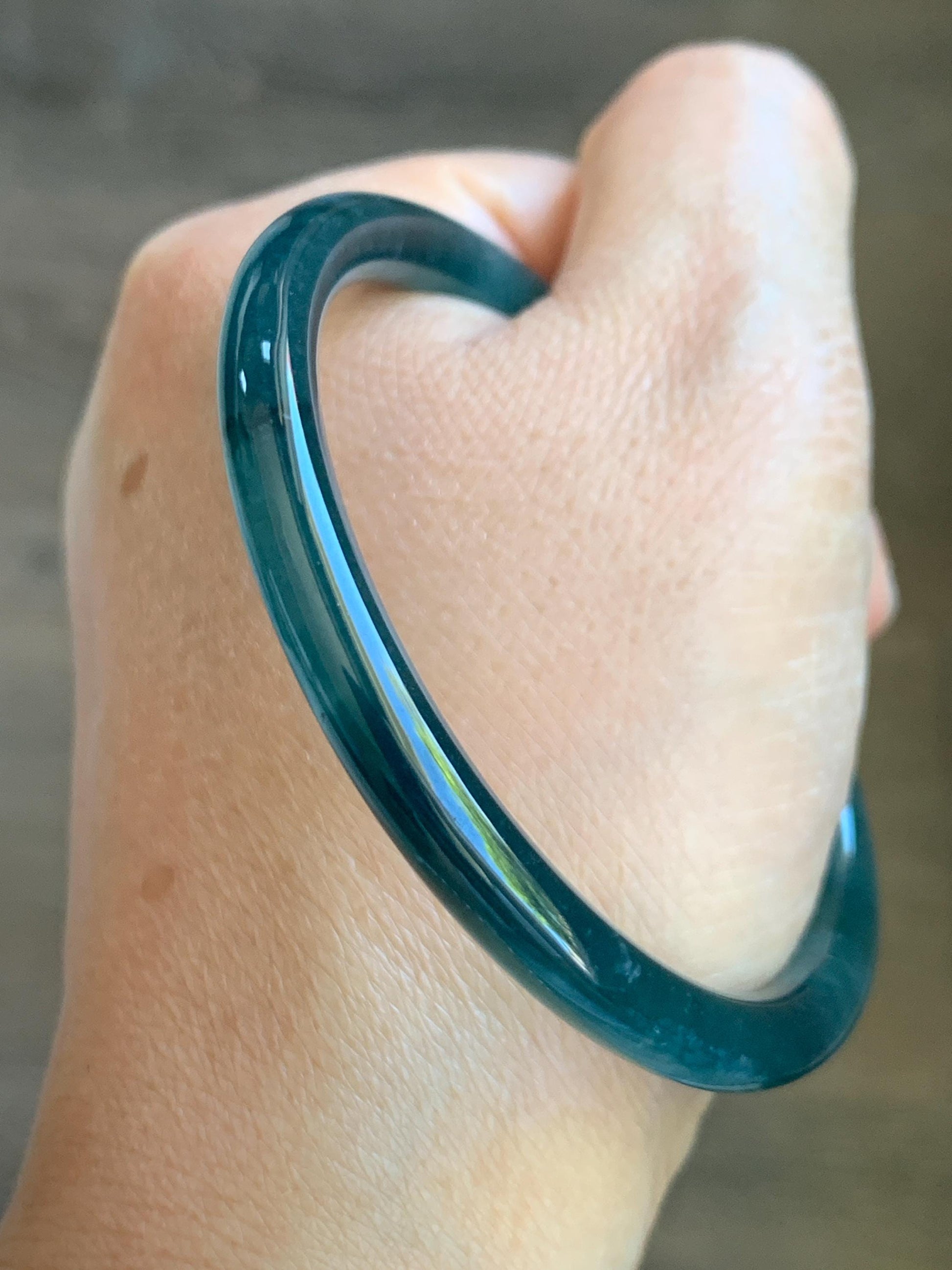Certified Natural Grade A Guatemalan Icy Translucent Dark Teal Blue Jade Jadeite Slim Bangle 55.68mm 6.88” 天然冰胶危深蓝翡翠细圆条手镯 8773