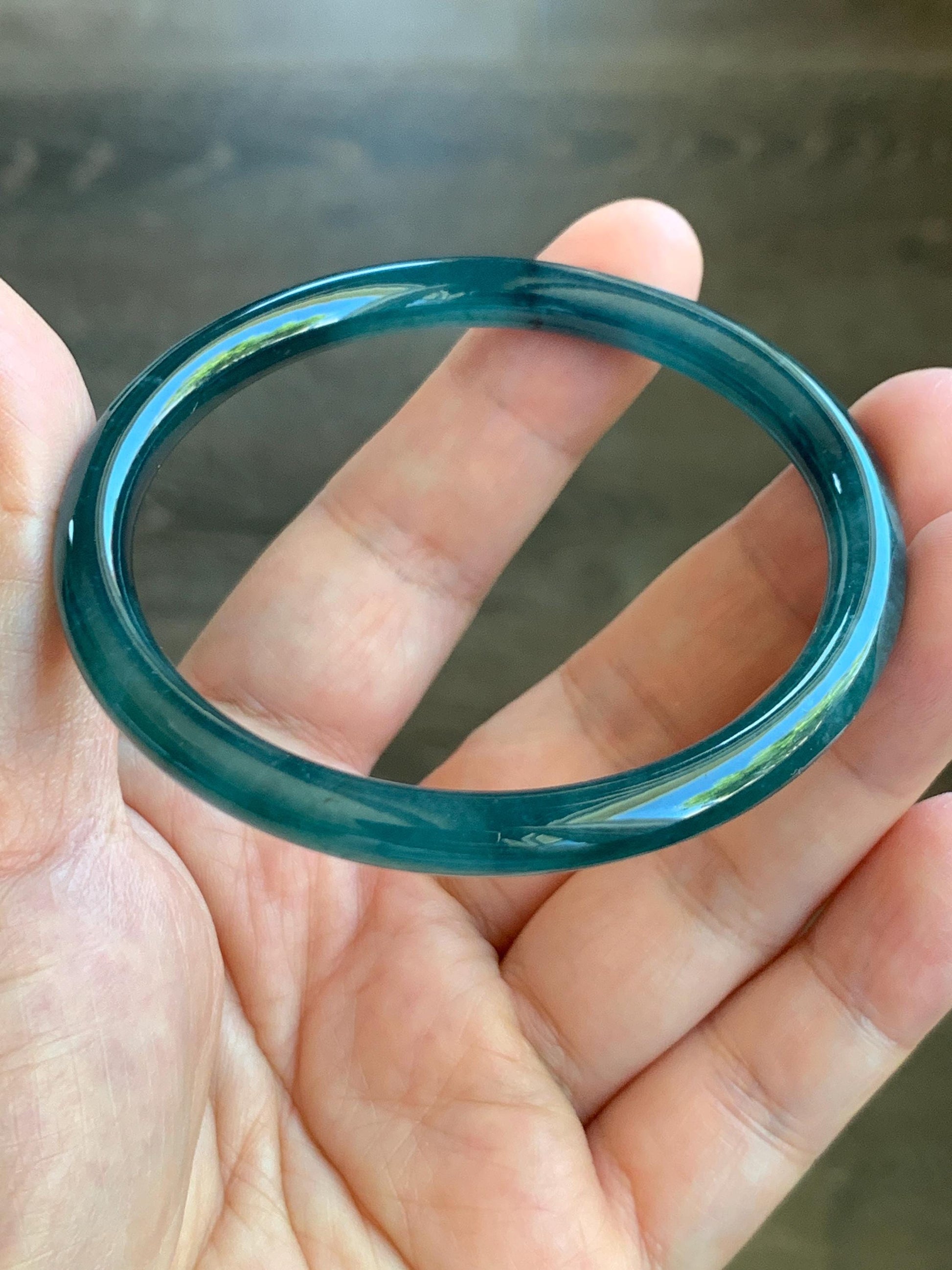 Certified Natural Grade A Guatemalan Icy Translucent Dark Teal Blue Jade Jadeite Slim Bangle 55.68mm 6.88” 天然冰胶危深蓝翡翠细圆条手镯 8773