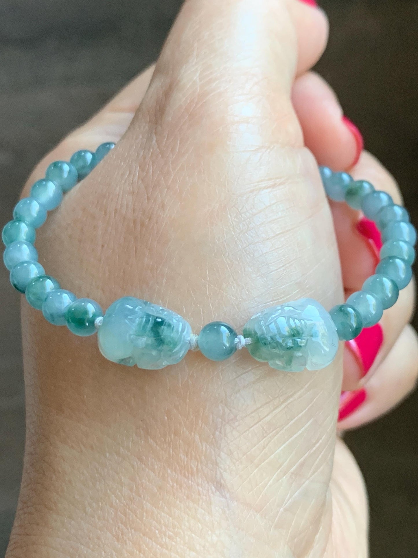 Natural Grade A Icy Highly Translucent Green Marbled Jade Jadeite Double Pixiu Beaded Bracelet 7” Sterling Silver 天然冰胶飘花翡翠双貔貅护主圆珠手串 SPP203