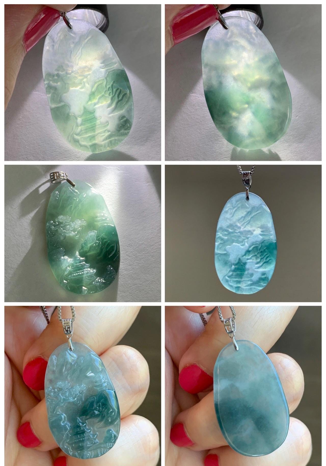 PETITE Natural Grade A Guatemalan Dark Teal Jade Jadeite Carved Shan Shui Pai Landscape Tag Pendant Sterling Silver 5g 天然冰危深蓝翡翠小山水牌吊坠 XWSS-B