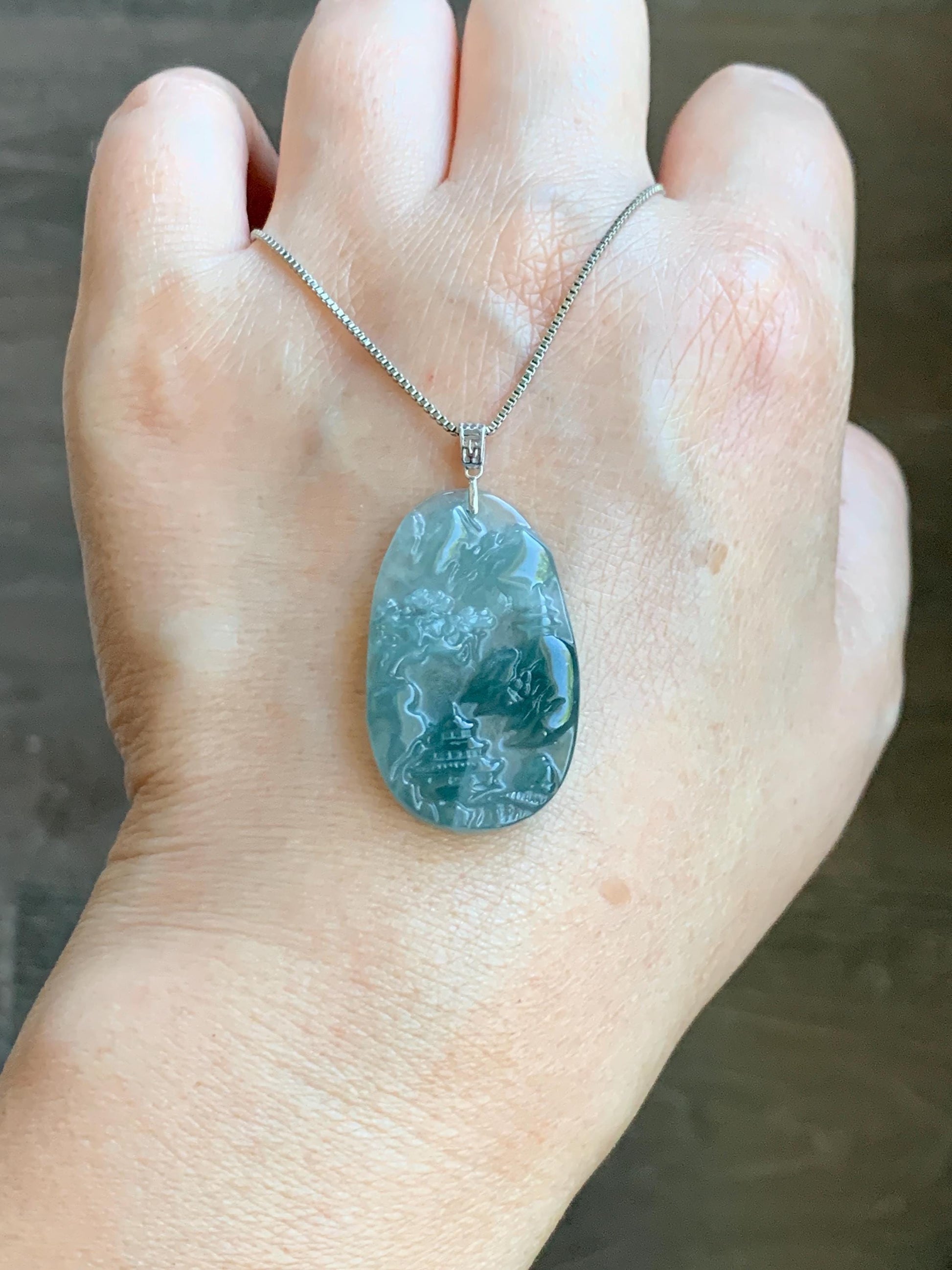 PETITE Natural Grade A Guatemalan Dark Teal Jade Jadeite Carved Shan Shui Pai Landscape Tag Pendant Sterling Silver 5g 天然冰危深蓝翡翠小山水牌吊坠 XWSS-B