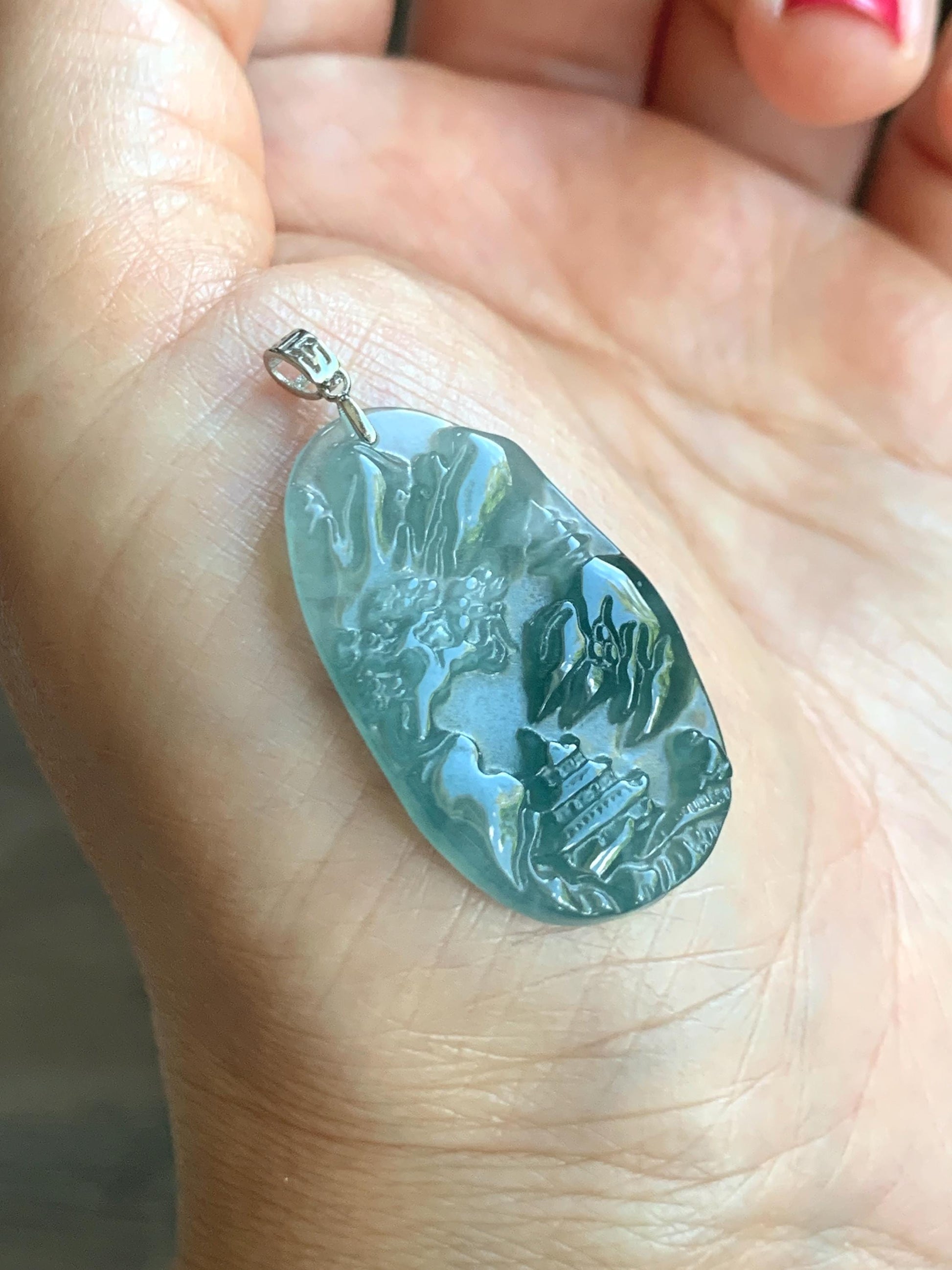 PETITE Natural Grade A Guatemalan Dark Teal Jade Jadeite Carved Shan Shui Pai Landscape Tag Pendant Sterling Silver 5g 天然冰危深蓝翡翠小山水牌吊坠 XWSS-B