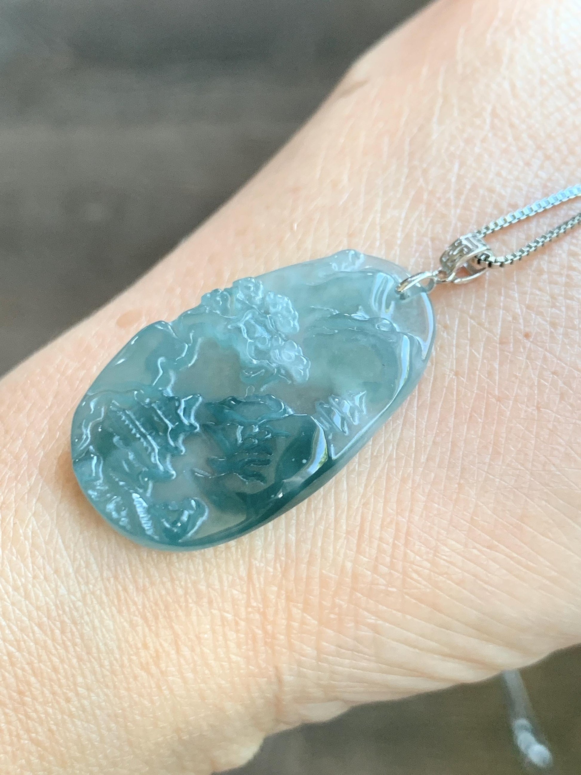 PETITE Natural Grade A Guatemalan Dark Teal Jade Jadeite Carved Shan Shui Pai Landscape Tag Pendant Sterling Silver 5g 天然冰危深蓝翡翠小山水牌吊坠 XWSS-B
