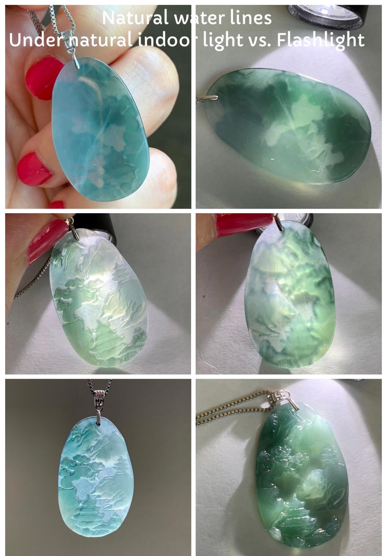 PETITE Natural Grade A Guatemalan Dark Teal Jade Jadeite Carved Shan Shui Pai Landscape Tag Pendant Sterling Silver 4g 天然冰危深蓝翡翠小山水牌吊坠 XWSS-A