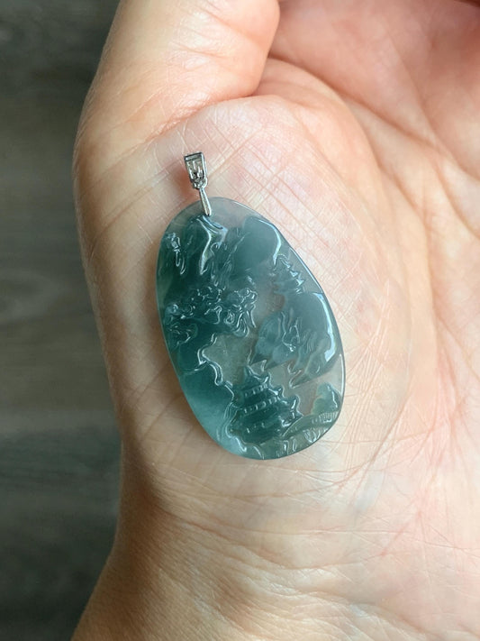 PETITE Natural Grade A Guatemalan Dark Teal Jade Jadeite Carved Shan Shui Pai Landscape Tag Pendant Sterling Silver 4g 天然冰危深蓝翡翠小山水牌吊坠 XWSS-A