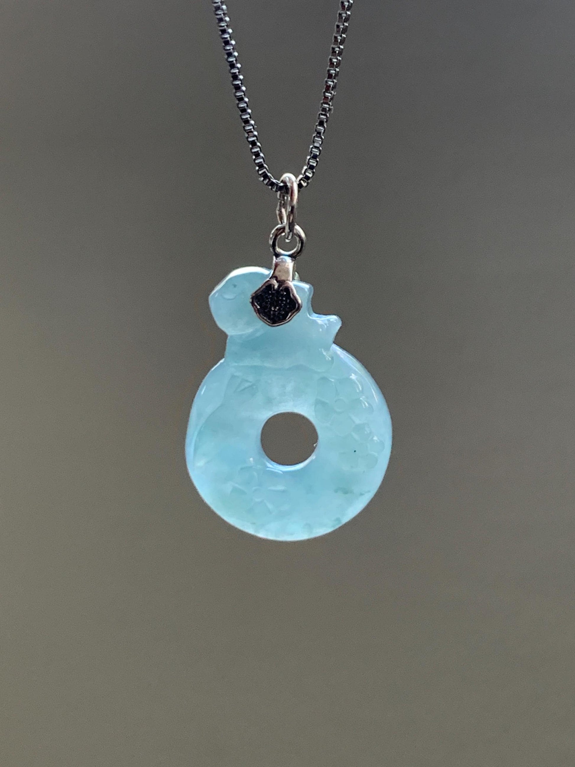 Natural Gade A Guatemalan Icy Translucent Dusty Blue Jade Jadeite Rabbit Ping An Kou Donut Pendant Sterling Silver 天然冰危浅蓝翡翠小兔梅花平安扣吊坠 XPT78