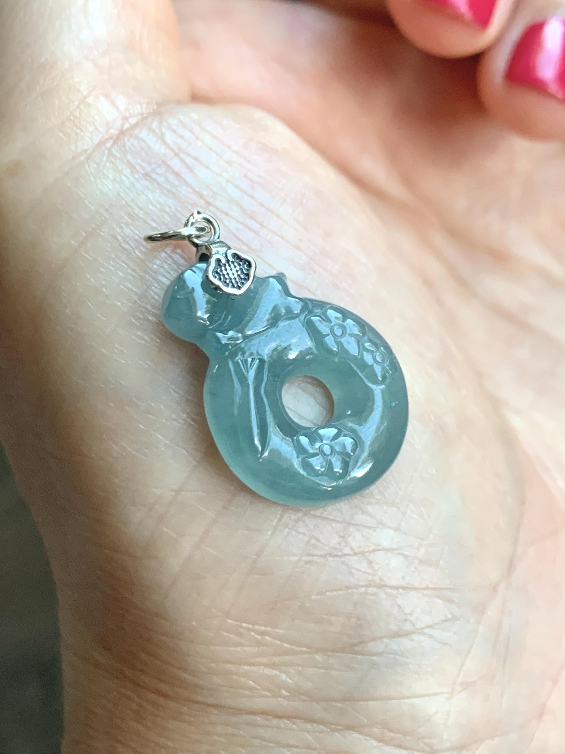 Natural Gade A Guatemalan Icy Translucent Dusty Blue Jade Jadeite Rabbit Ping An Kou Donut Pendant Sterling Silver 天然冰危浅蓝翡翠小兔梅花平安扣吊坠 XPT78