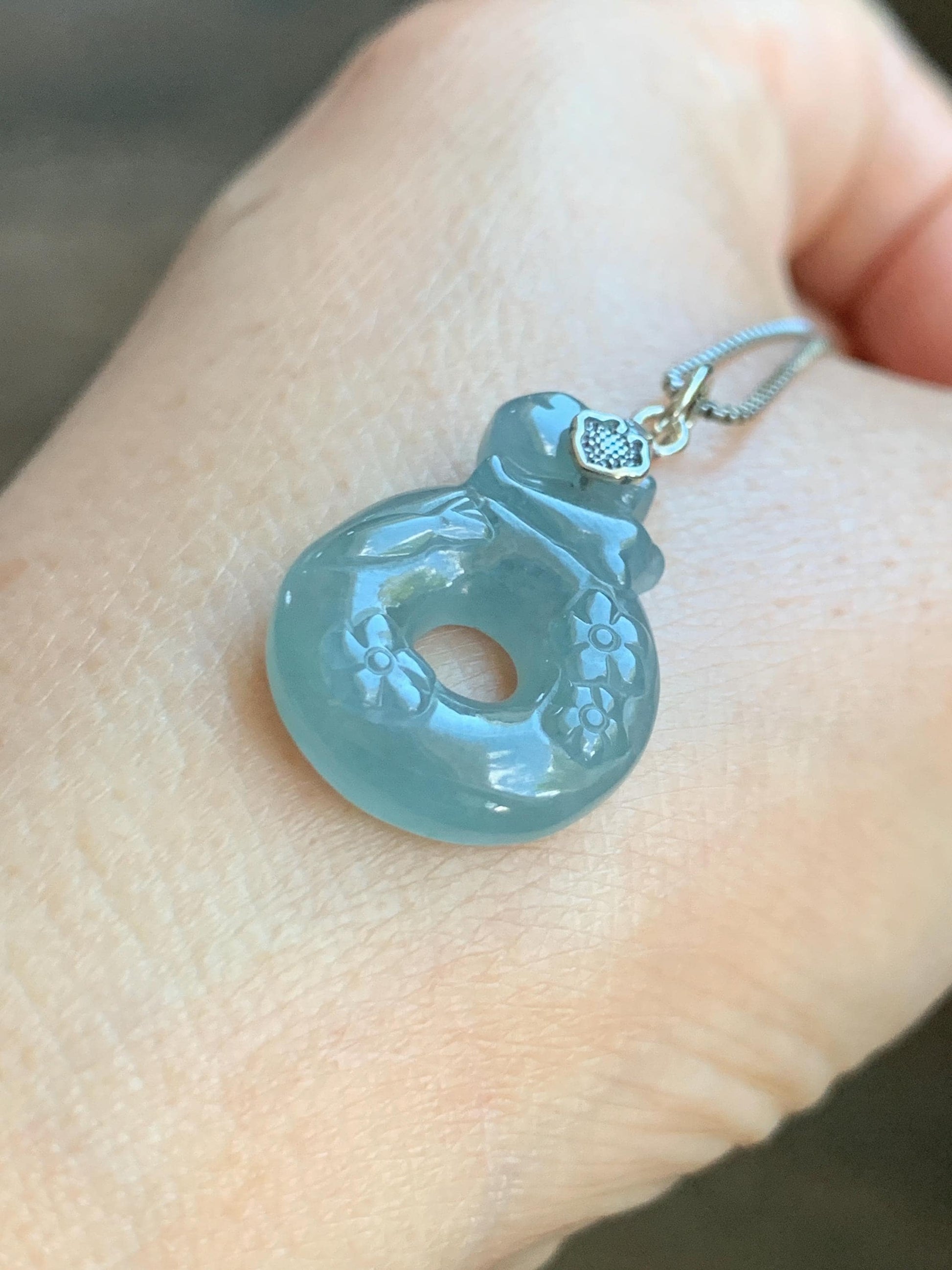 Natural Gade A Guatemalan Icy Translucent Dusty Blue Jade Jadeite Rabbit Ping An Kou Donut Pendant Sterling Silver 天然冰危浅蓝翡翠小兔梅花平安扣吊坠 XPT78