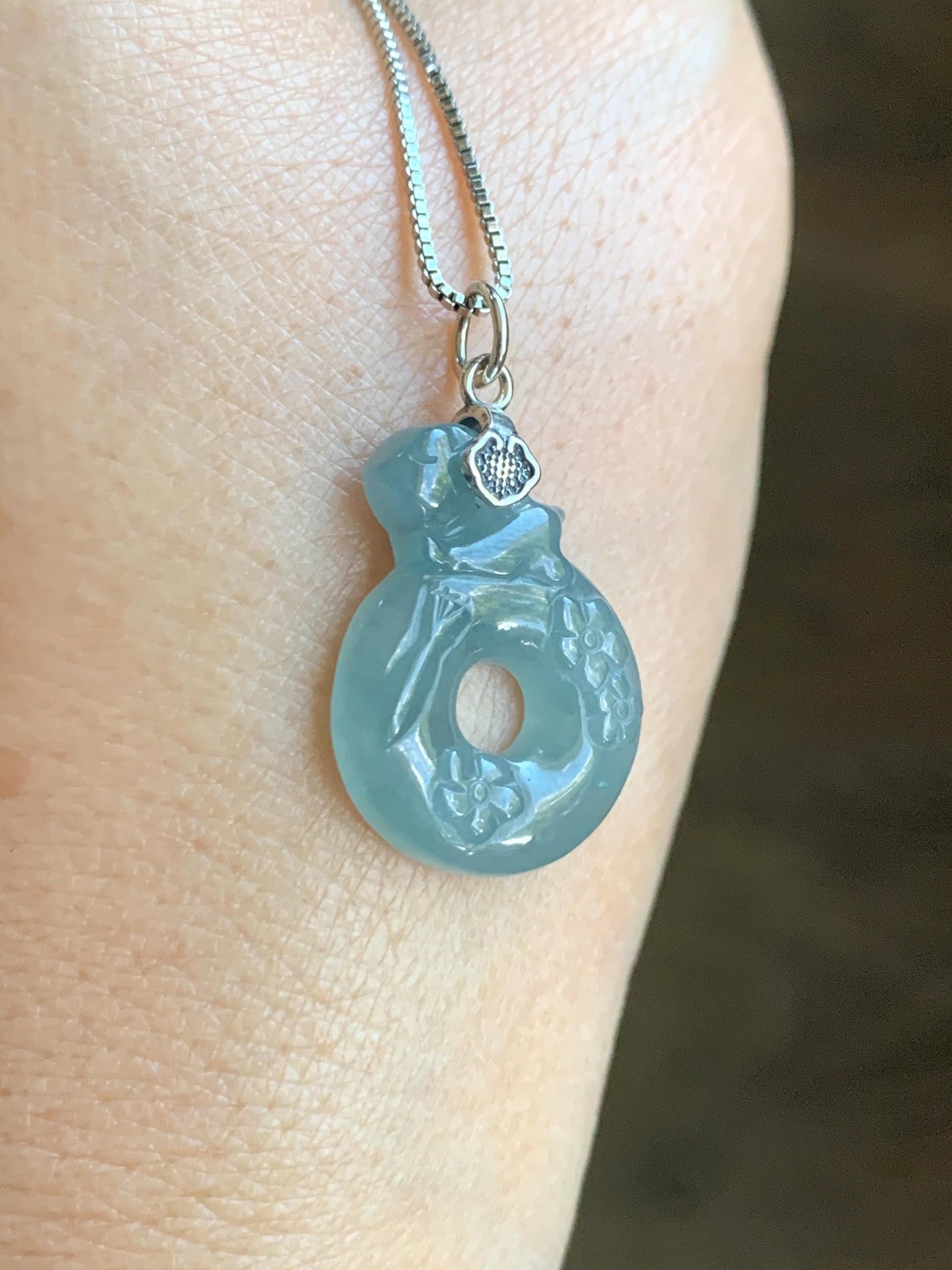 Natural Gade A Guatemalan Icy Translucent Dusty Blue Jade Jadeite Rabbit Ping An Kou Donut Pendant Sterling Silver 天然冰危浅蓝翡翠小兔梅花平安扣吊坠 XPT78
