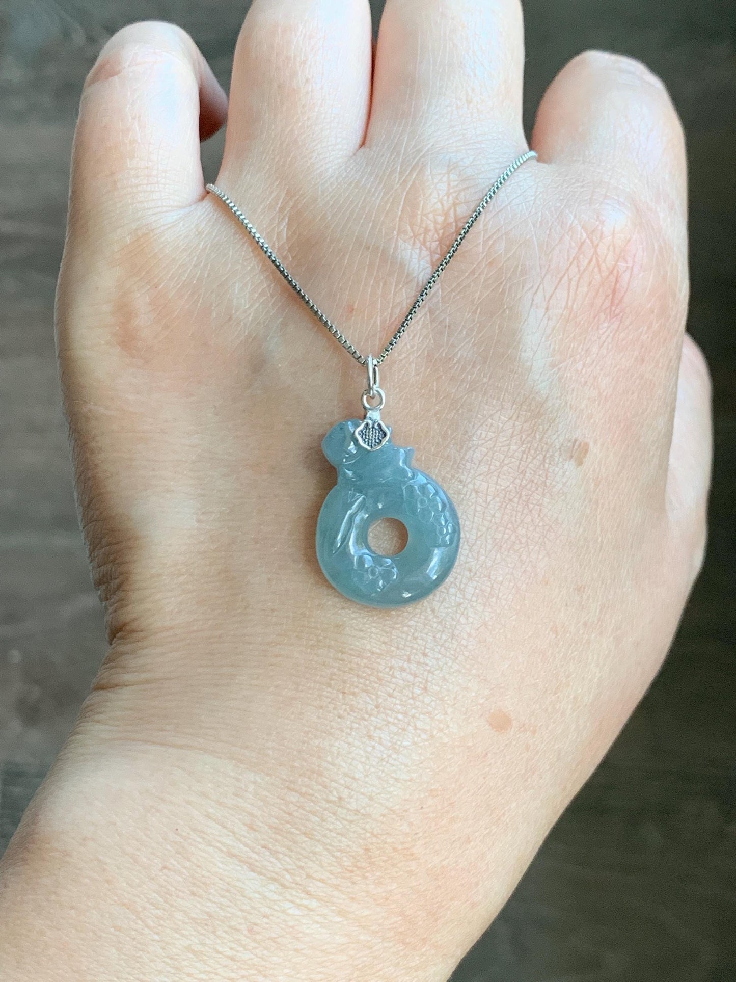Natural Gade A Guatemalan Icy Translucent Dusty Blue Jade Jadeite Rabbit Ping An Kou Donut Pendant Sterling Silver 天然冰危浅蓝翡翠小兔梅花平安扣吊坠 XPT78