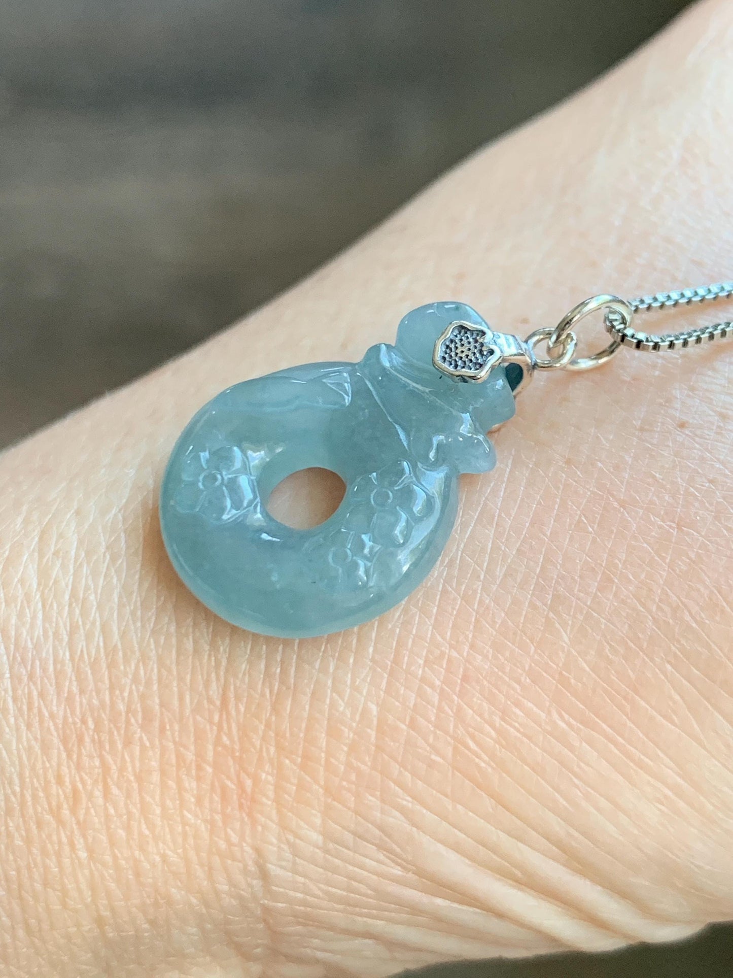 Natural Gade A Guatemalan Icy Translucent Dusty Blue Jade Jadeite Rabbit Ping An Kou Donut Pendant Sterling Silver 天然冰危浅蓝翡翠小兔梅花平安扣吊坠 XPT78