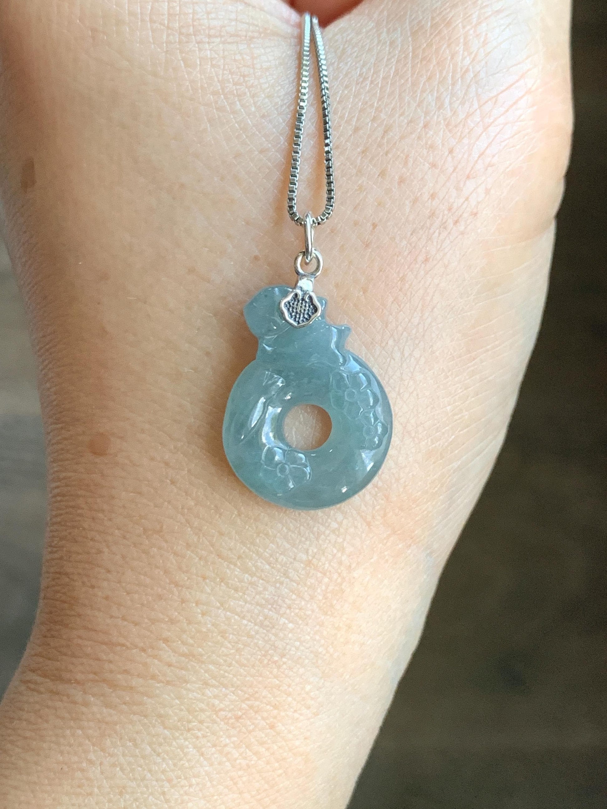 Natural Gade A Guatemalan Icy Translucent Dusty Blue Jade Jadeite Rabbit Ping An Kou Donut Pendant Sterling Silver 天然冰危浅蓝翡翠小兔梅花平安扣吊坠 XPT78