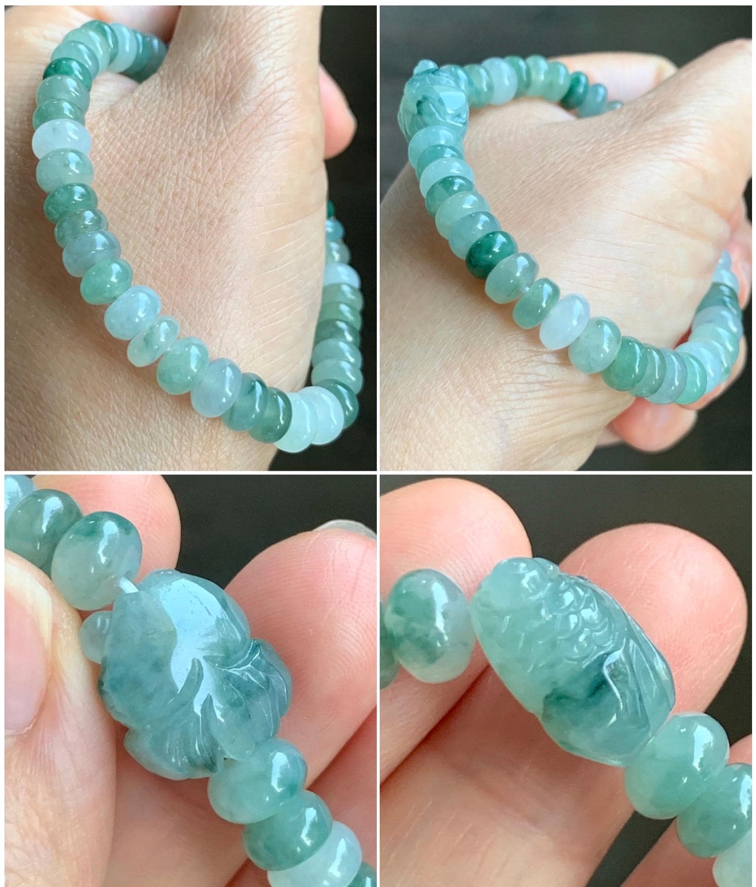 Natural Grade A Icy Translucent Multi-Shaded Light Green Jade Jadeite Drum Beads Goldfish Charm Beaded Bracelet 7" 天然冰胶浅绿多宝翡翠鼓珠金鱼手串 DBY291