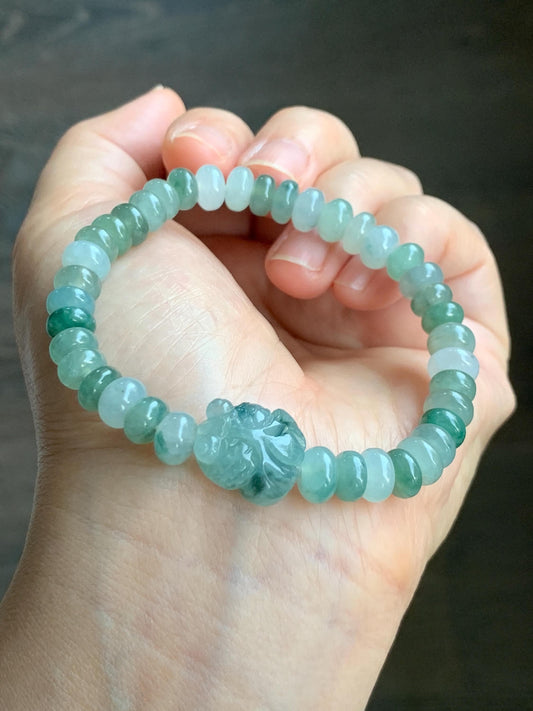 Natural Grade A Icy Translucent Multi-Shaded Light Green Jade Jadeite Drum Beads Goldfish Charm Beaded Bracelet 7" 天然冰胶浅绿多宝翡翠鼓珠金鱼手串 DBY291