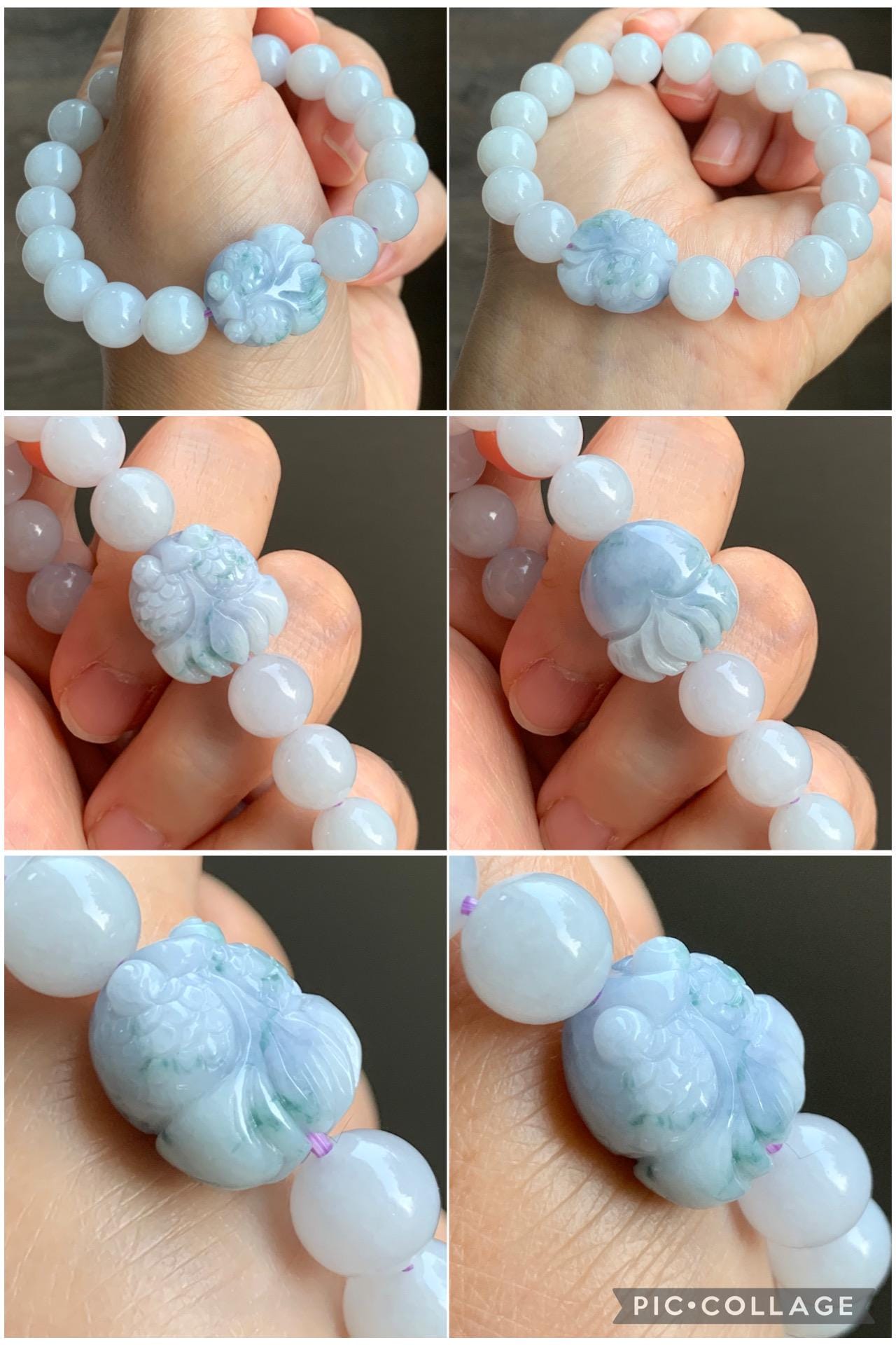 Natural Grade A Icy Translucent White Jade Jadeite Round Beads Spring Colored Goldfish Charm Beaded Bracelet 6.75" 天然白冰胶翡翠春彩翡翠金鱼手串 MBCH365