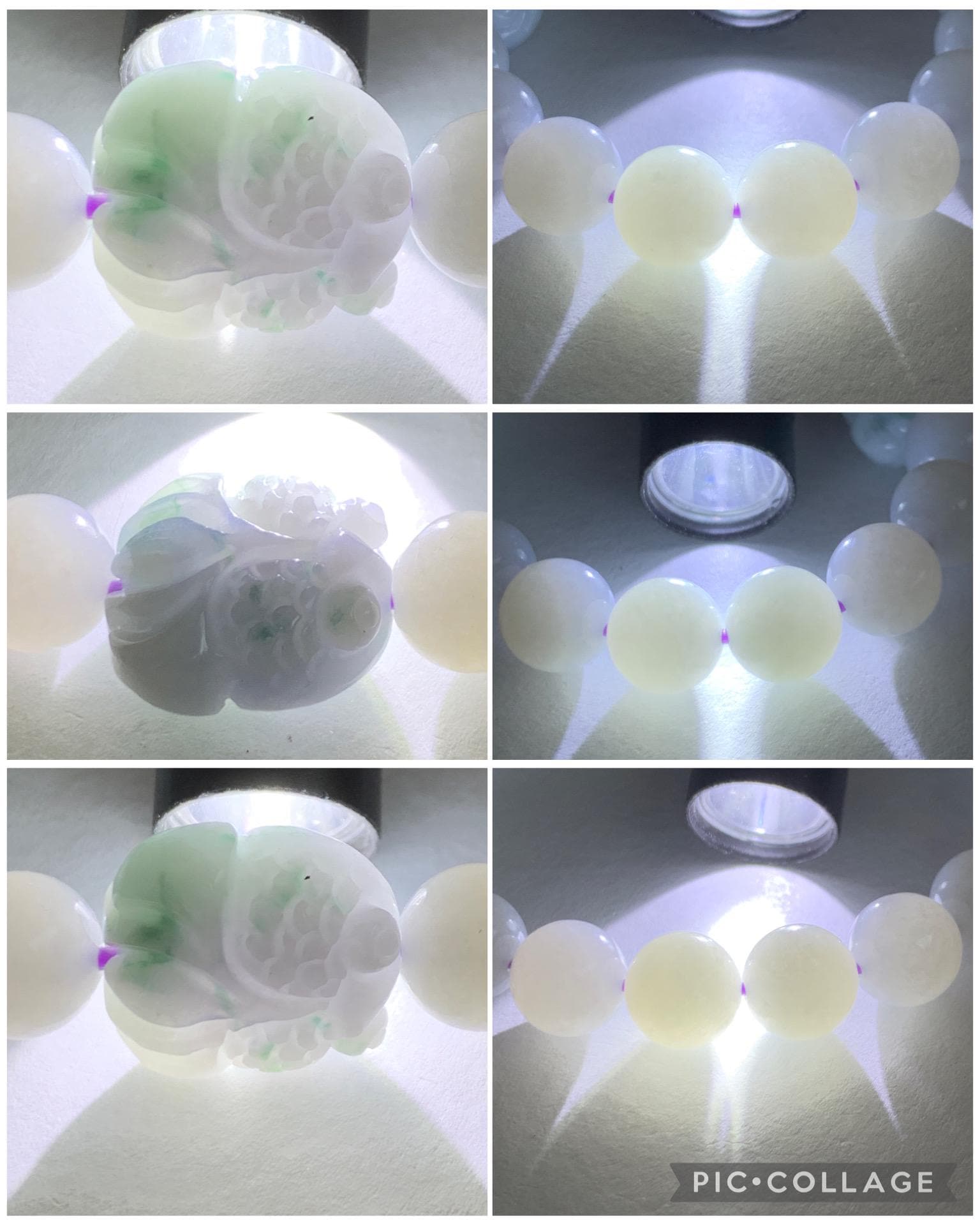 Natural Grade A Icy Translucent White Jade Jadeite Round Beads Spring Colored Goldfish Charm Beaded Bracelet 6.75" 天然白冰胶翡翠春彩翡翠金鱼手串 MBCH365