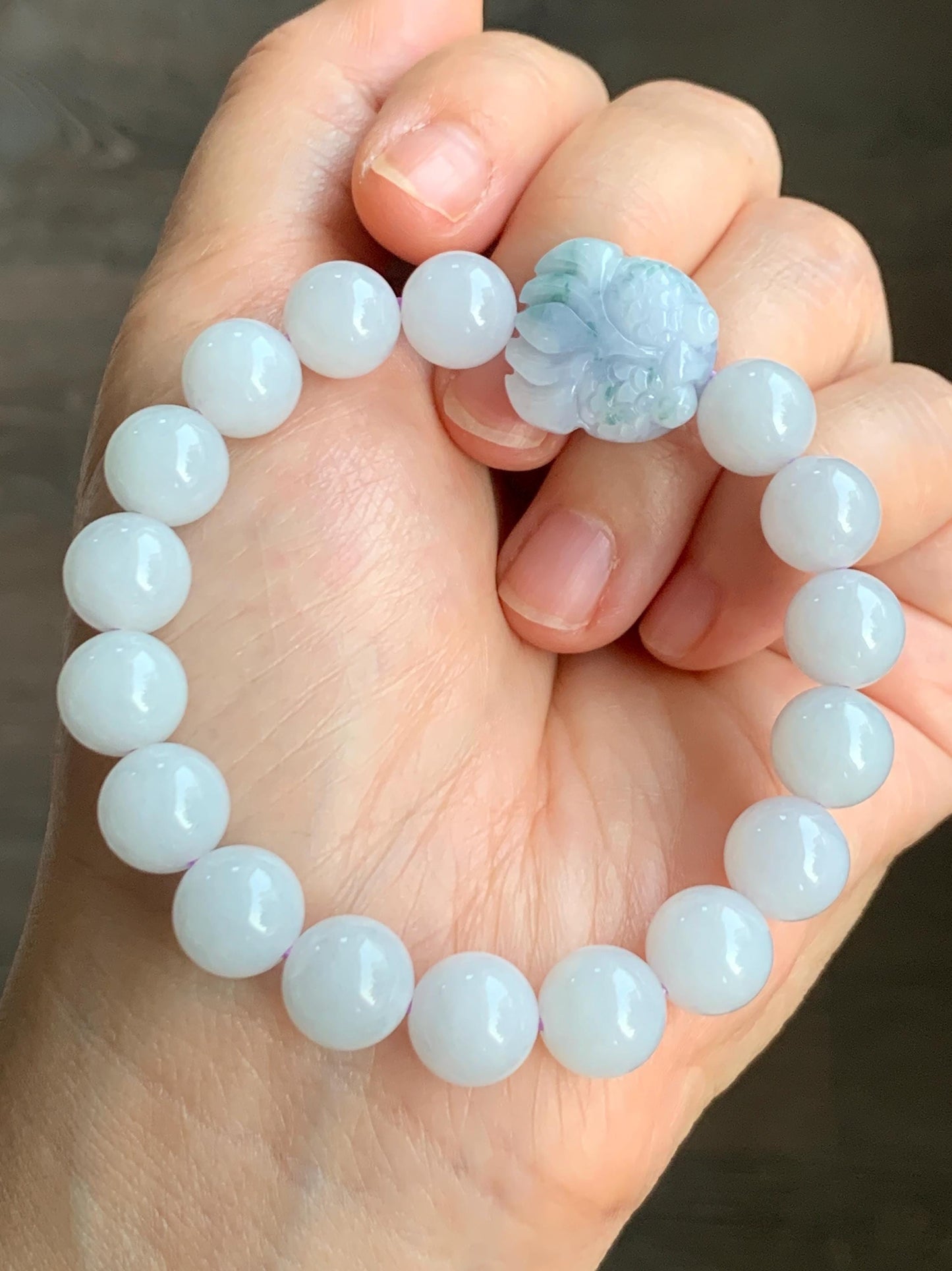 Natural Grade A Icy Translucent White Jade Jadeite Round Beads Spring Colored Goldfish Charm Beaded Bracelet 6.75" 天然白冰胶翡翠春彩翡翠金鱼手串 MBCH365