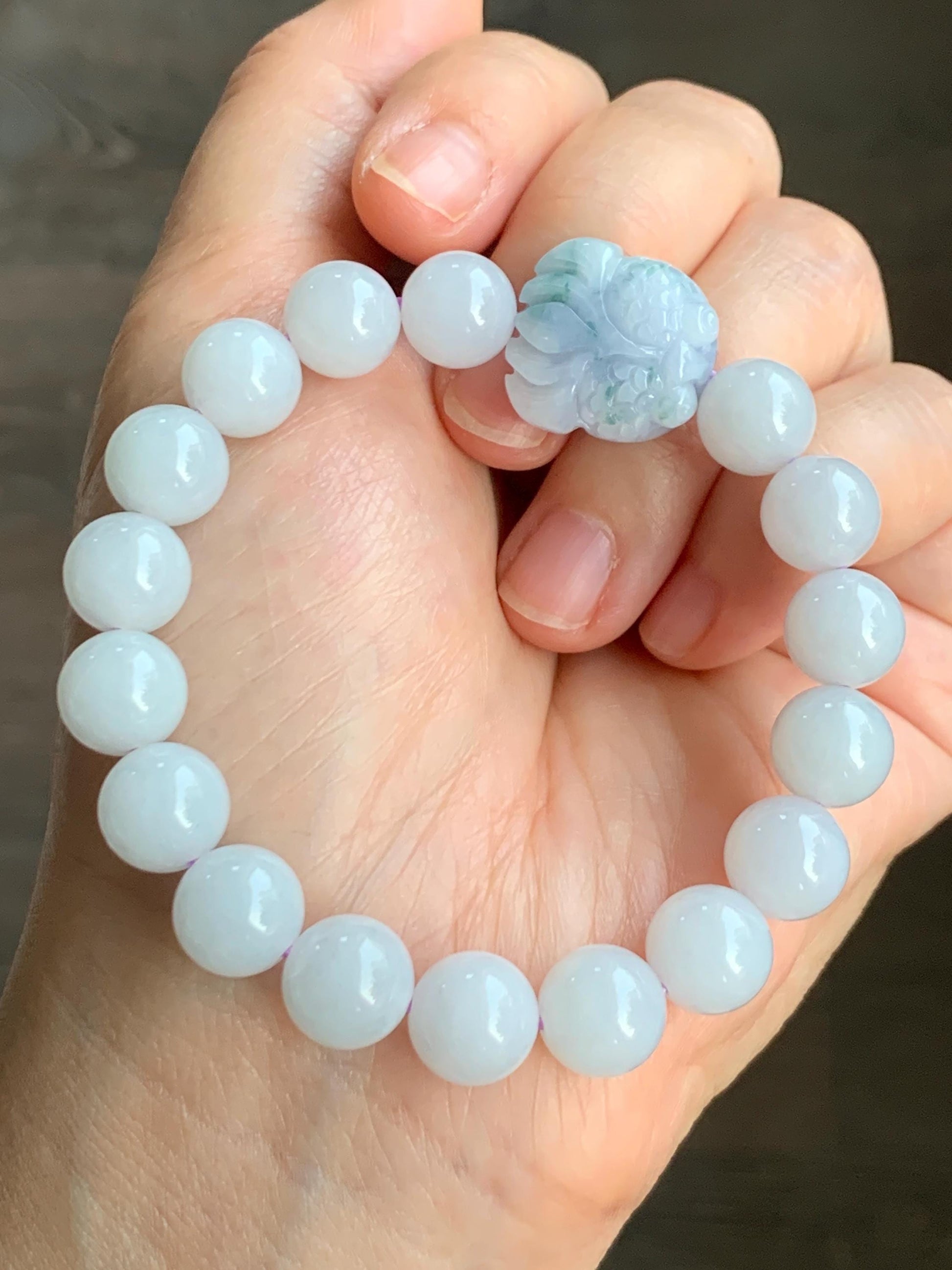 Natural Grade A Icy Translucent White Jade Jadeite Round Beads Spring Colored Goldfish Charm Beaded Bracelet 6.75" 天然白冰胶翡翠春彩翡翠金鱼手串 MBCH365