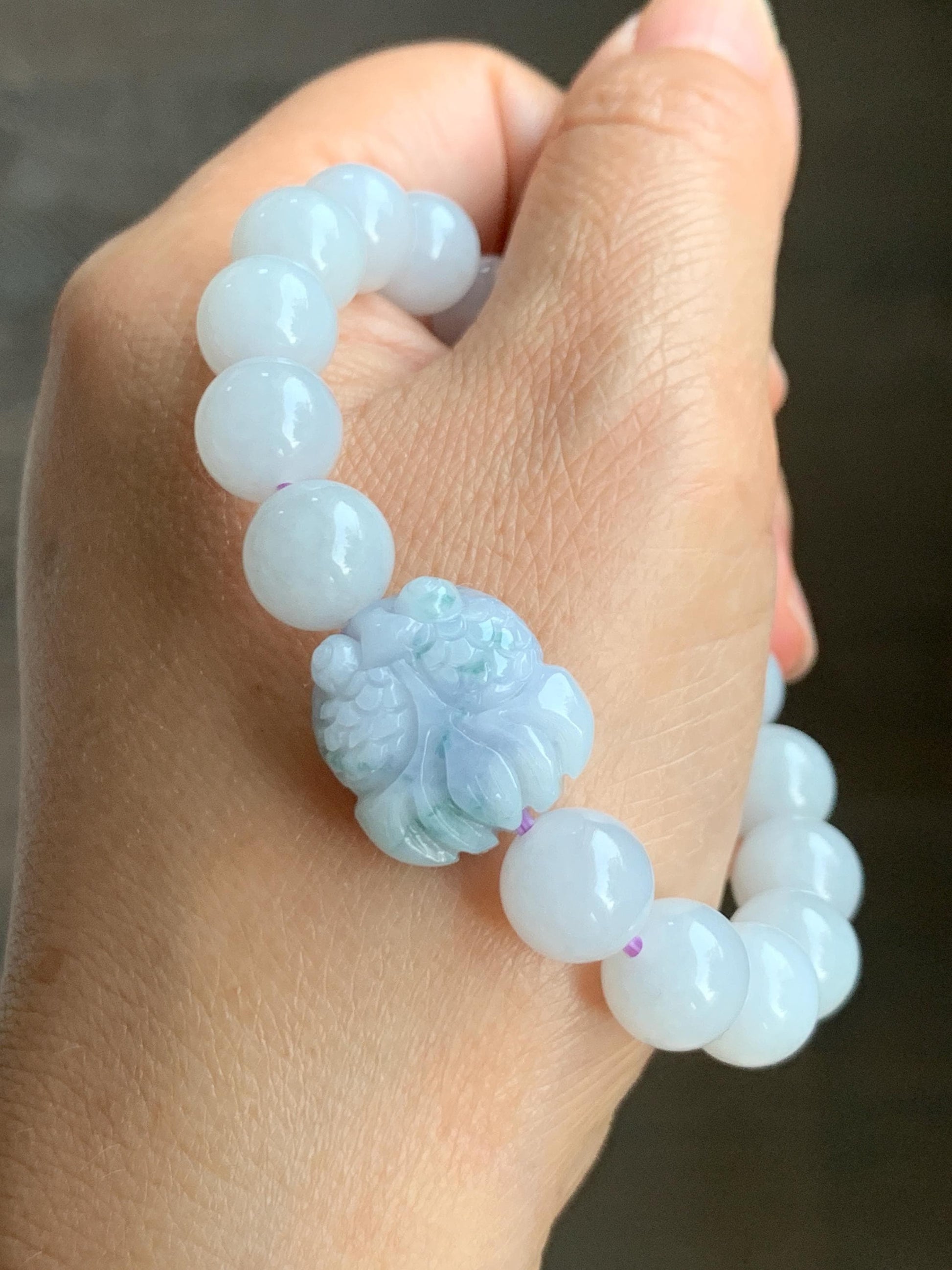 Natural Grade A Icy Translucent White Jade Jadeite Round Beads Spring Colored Goldfish Charm Beaded Bracelet 6.75" 天然白冰胶翡翠春彩翡翠金鱼手串 MBCH365