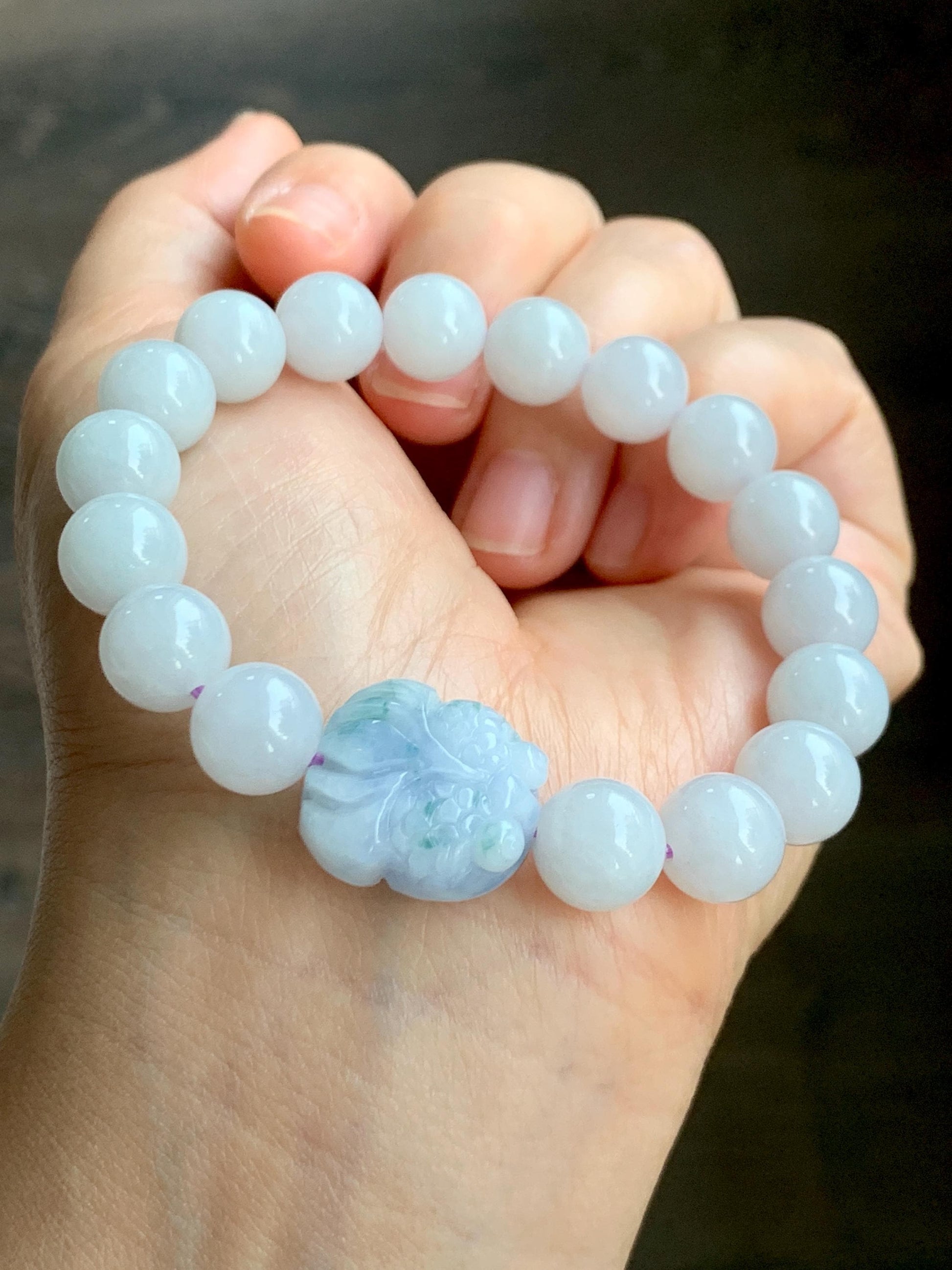 Natural Grade A Icy Translucent White Jade Jadeite Round Beads Spring Colored Goldfish Charm Beaded Bracelet 6.75" 天然白冰胶翡翠春彩翡翠金鱼手串 MBCH365