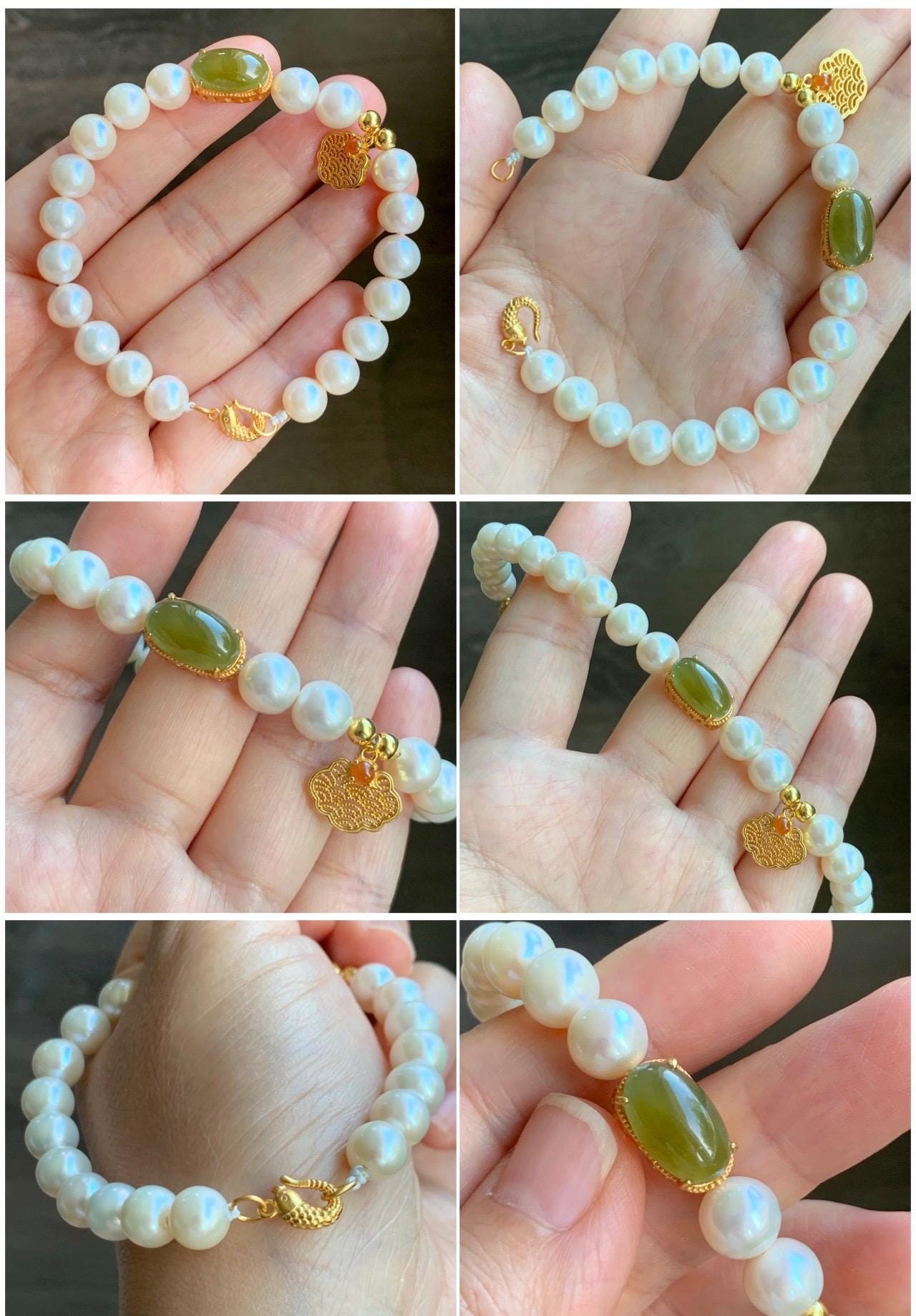 Natural Freshwater All-Nacre Pearls Grade A Icy Translucent Olive Green Jadeite Beaded Bracelet Sterling Silver 7" 天然淡水无核珍珠冰茶黄翡翠手串 WHZ679
