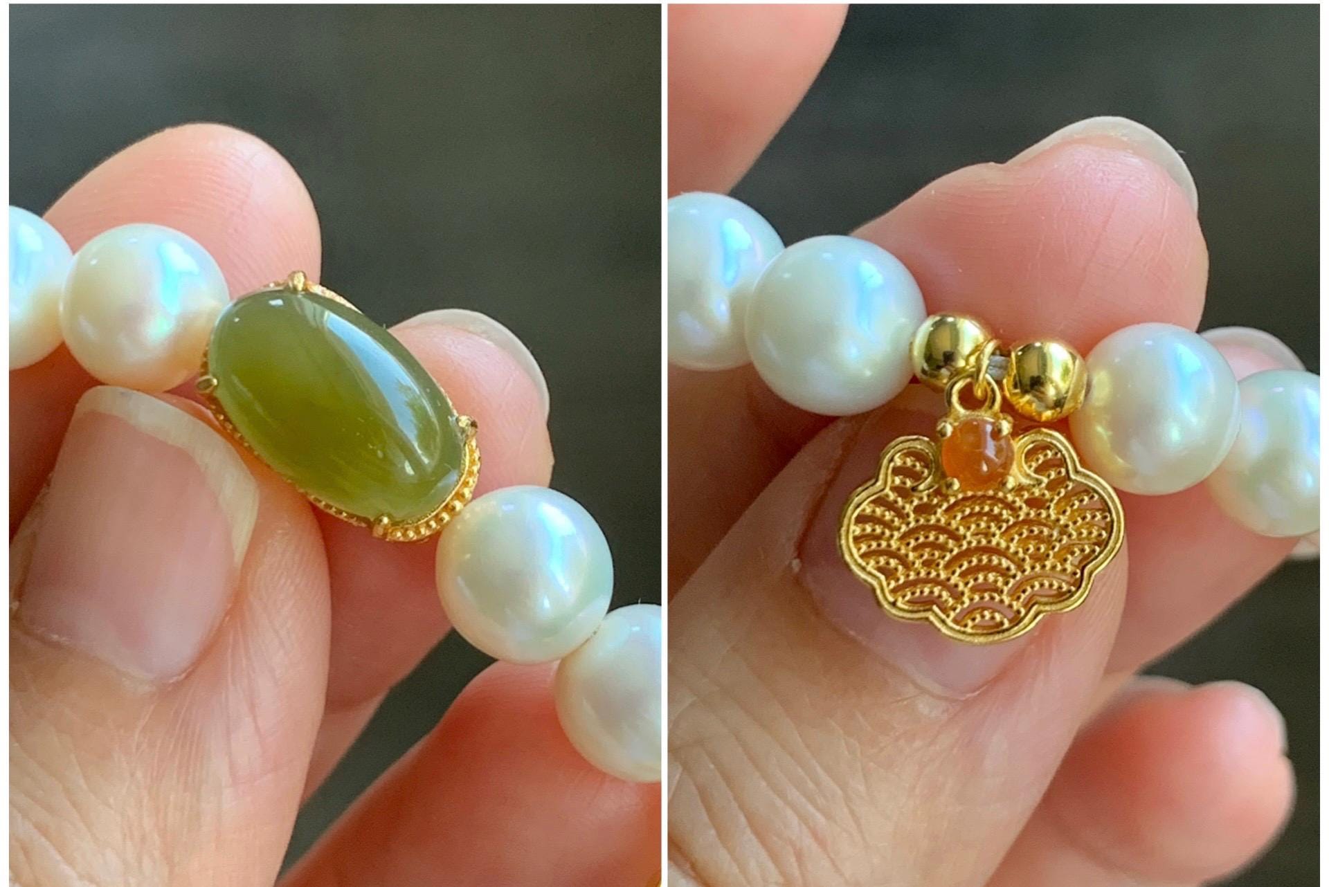 Natural Freshwater All-Nacre Pearls Grade A Icy Translucent Olive Green Jadeite Beaded Bracelet Sterling Silver 7" 天然淡水无核珍珠冰茶黄翡翠手串 WHZ679