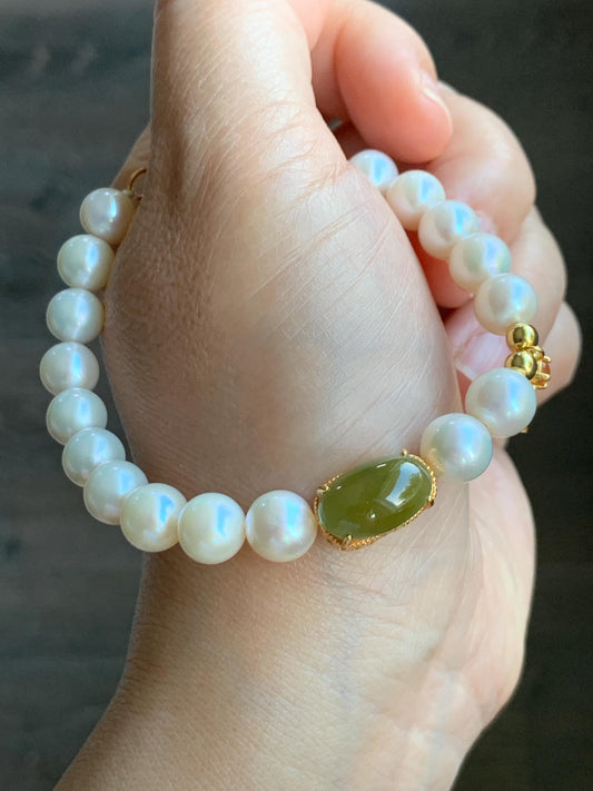 Natural Freshwater All-Nacre Pearls Grade A Icy Translucent Olive Green Jadeite Beaded Bracelet Sterling Silver 7" 天然淡水无核珍珠冰茶黄翡翠手串 WHZ679