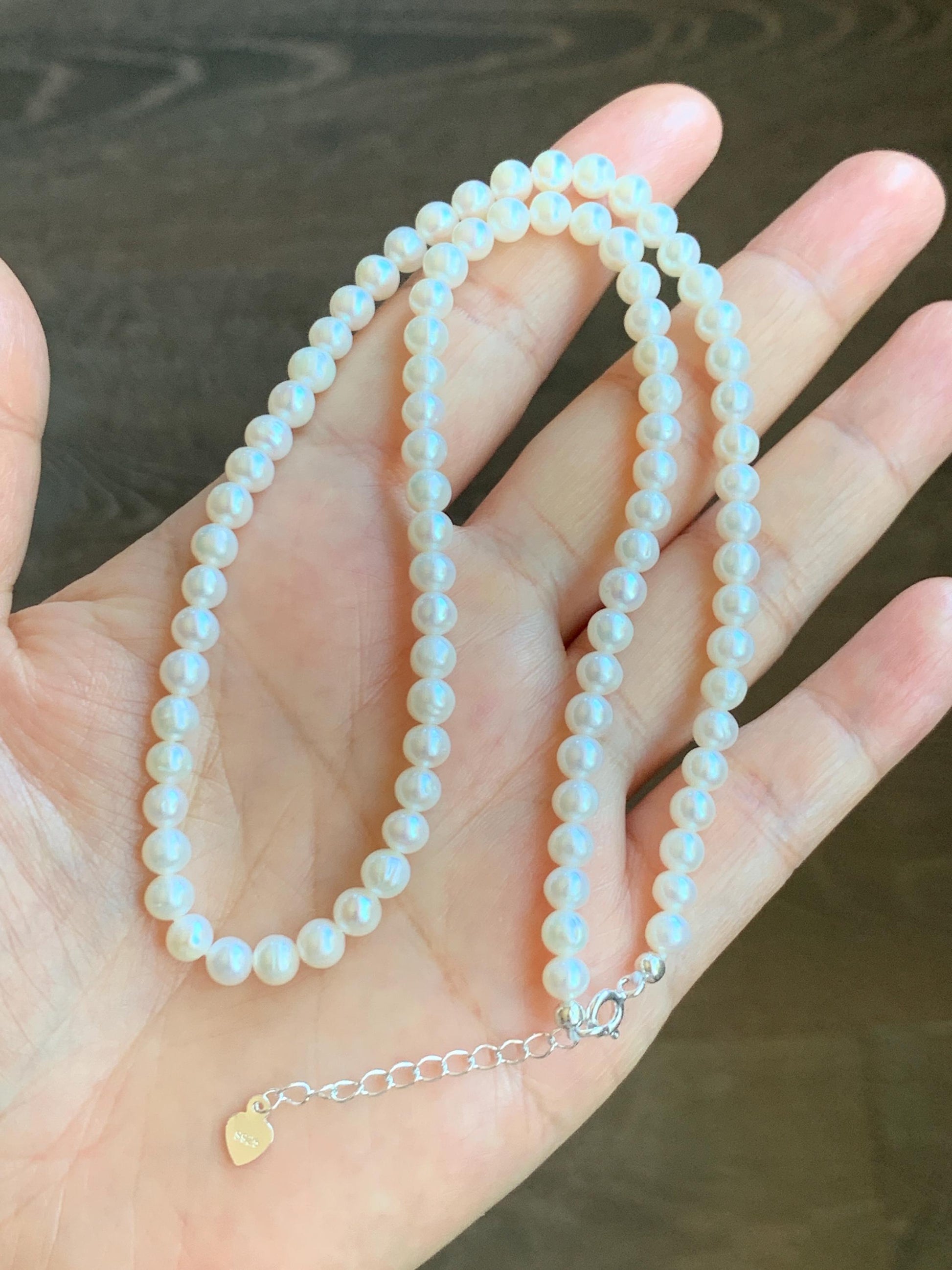 Natural Freshwater All-Nacre White Round Mini Pearls Beaded Necklace Sterling Silver Clasp 5mm 16.25”-17.75” 14g 天然淡水无核小米白珍珠项链 XMB280A