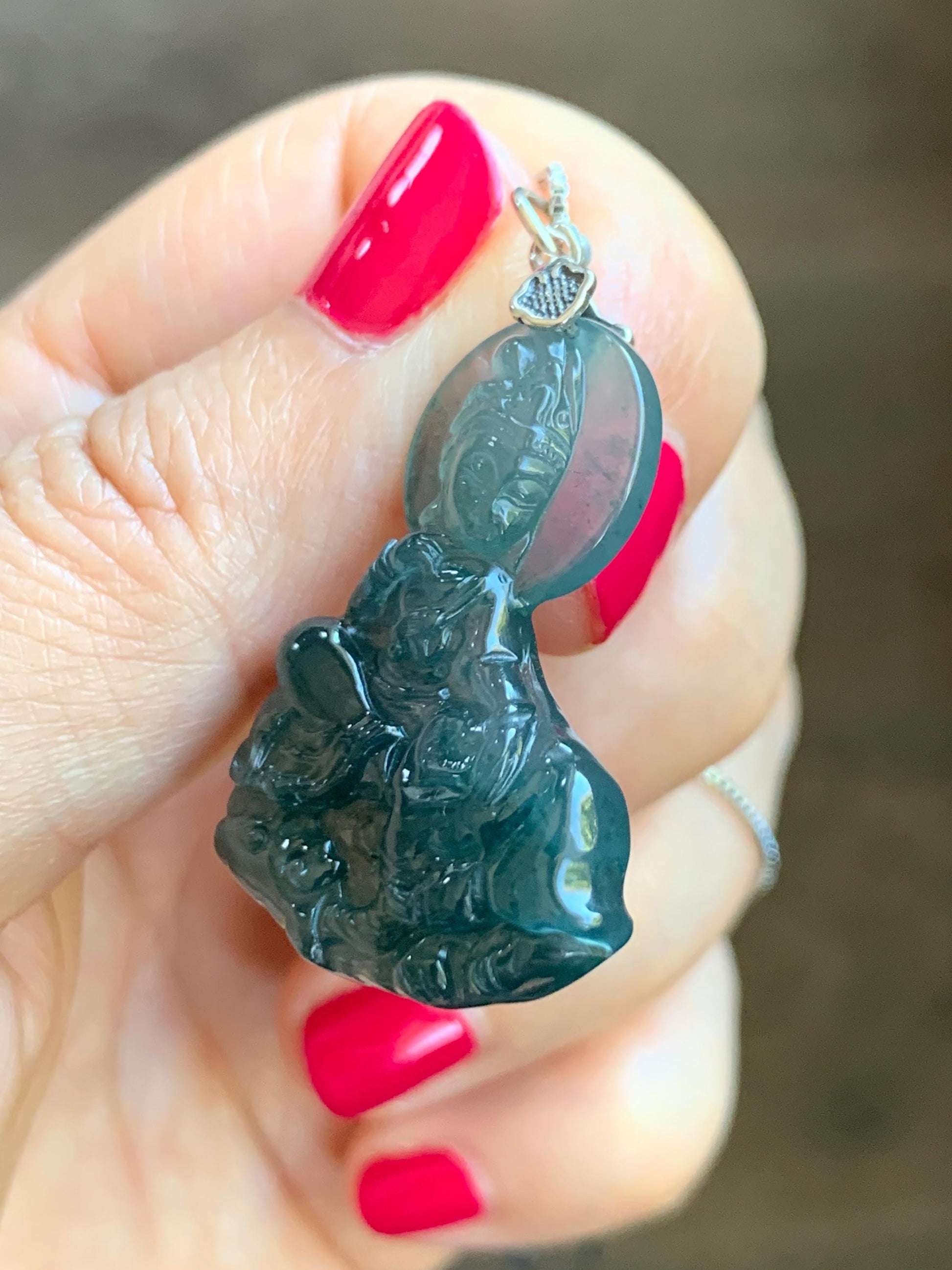 Natural Guatemalan Icy Translucent Jade Jadeite Puxian Samantabhadra Bodhisattva & Elephant Pendant Sterling Silver 天然冰胶危蓝翡翠普贤菩萨吊坠 MPX248
