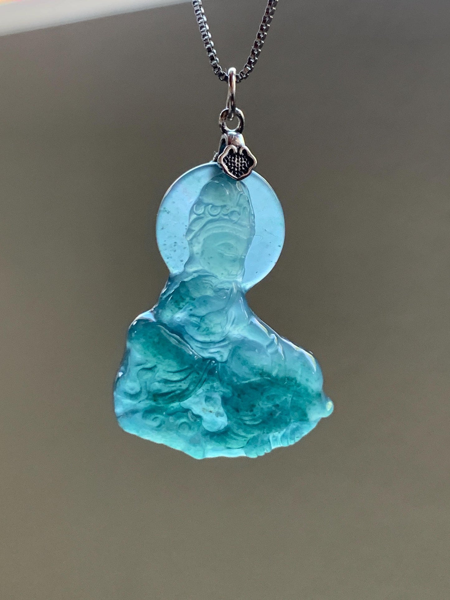 Natural Guatemalan Icy Translucent Jade Jadeite Puxian Samantabhadra Bodhisattva & Elephant Pendant Sterling Silver 天然冰胶危蓝翡翠普贤菩萨吊坠 MPX248