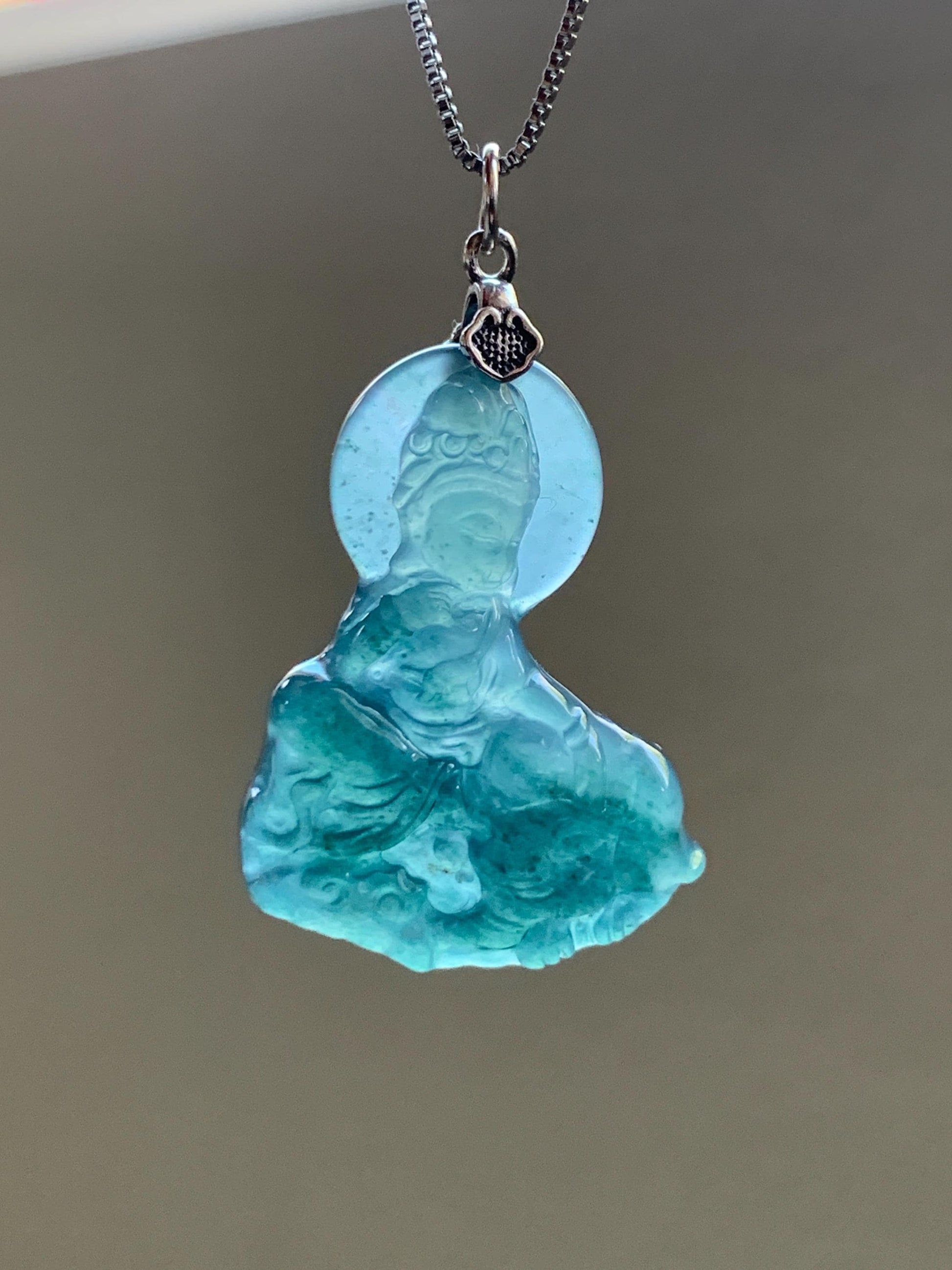 Natural Guatemalan Icy Translucent Jade Jadeite Puxian Samantabhadra Bodhisattva & Elephant Pendant Sterling Silver 天然冰胶危蓝翡翠普贤菩萨吊坠 MPX248