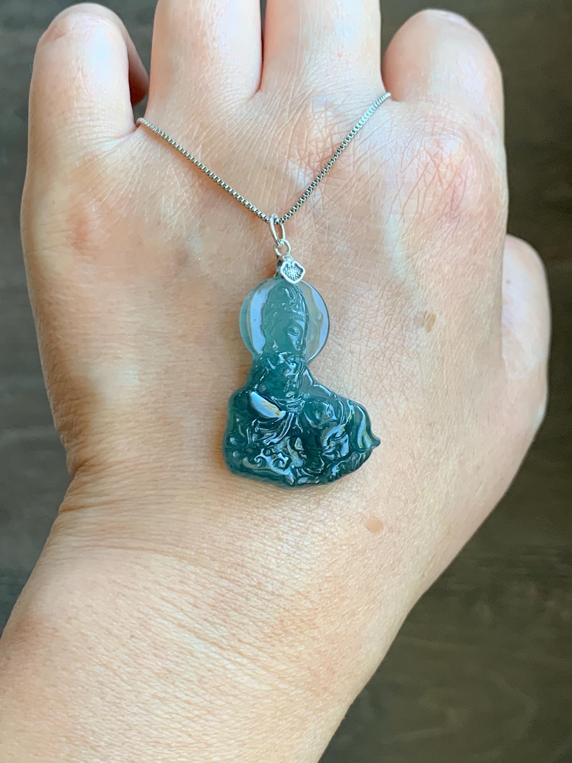 Natural Guatemalan Icy Translucent Jade Jadeite Puxian Samantabhadra Bodhisattva & Elephant Pendant Sterling Silver 天然冰胶危蓝翡翠普贤菩萨吊坠 MPX248