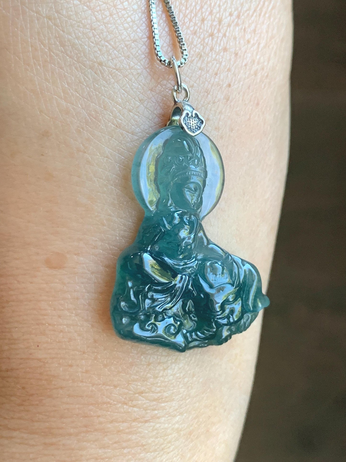 Natural Guatemalan Icy Translucent Jade Jadeite Puxian Samantabhadra Bodhisattva & Elephant Pendant Sterling Silver 天然冰胶危蓝翡翠普贤菩萨吊坠 MPX248