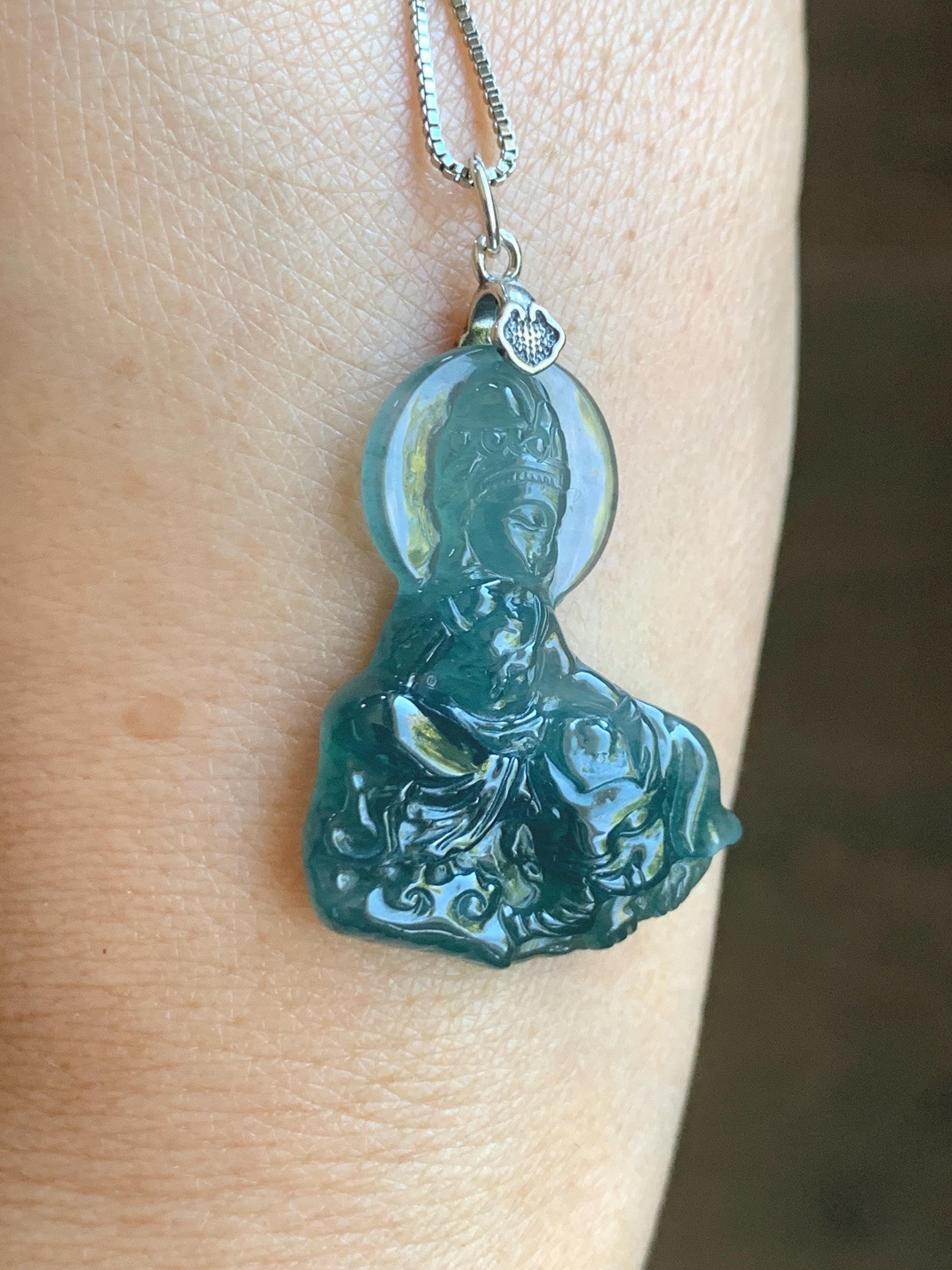 Natural Guatemalan Icy Translucent Jade Jadeite Puxian Samantabhadra Bodhisattva & Elephant Pendant Sterling Silver 天然冰胶危蓝翡翠普贤菩萨吊坠 MPX248