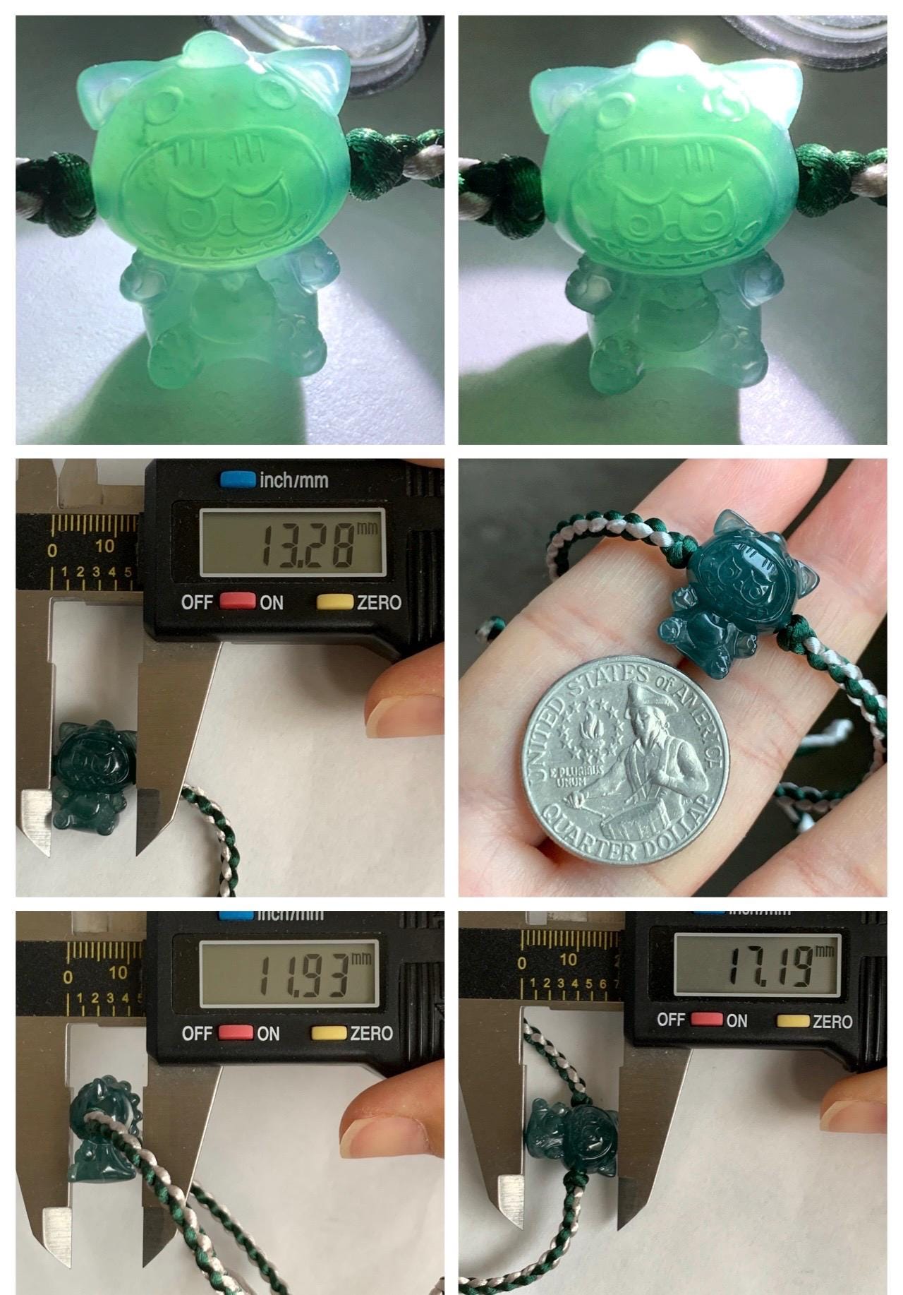 Natural Grade A Guatemalan Icy Translucent Dark Teal Blue Jade Jadeite Carved Monster Plush Rope Bracelet 6.5”-8.5” 6g 天然冰胶危深蓝绿翡翠手绳 LBB80D