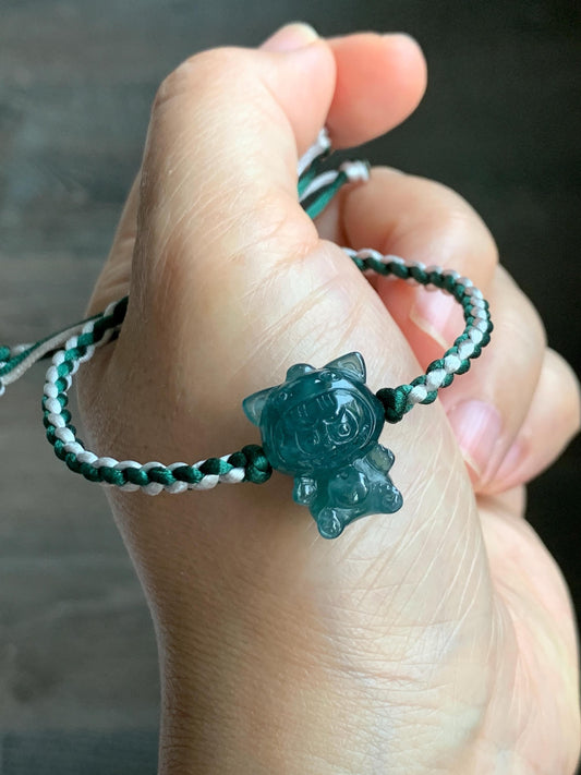 Natural Grade A Guatemalan Icy Translucent Dark Teal Blue Jade Jadeite Carved Monster Plush Rope Bracelet 6.5”-8.5” 6g 天然冰胶危深蓝绿翡翠手绳 LBB80D