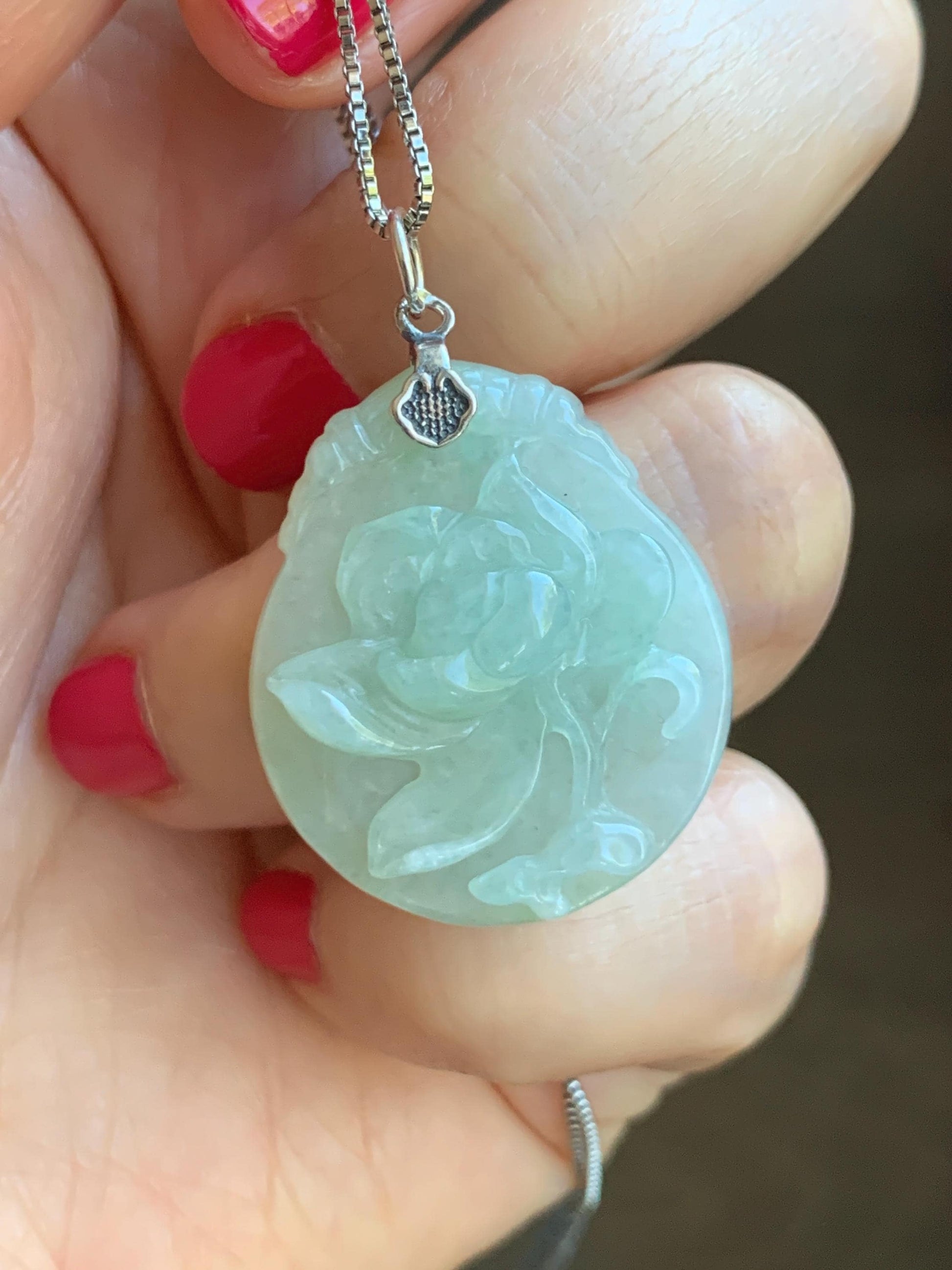 Natural Grade A Icy Translucent Pastel Green Jade Jadeite Carved Peony Flower Pendant Sterling Silver 7g 天然细糯浅果绿翡翠牡丹花吊坠 MPY70A