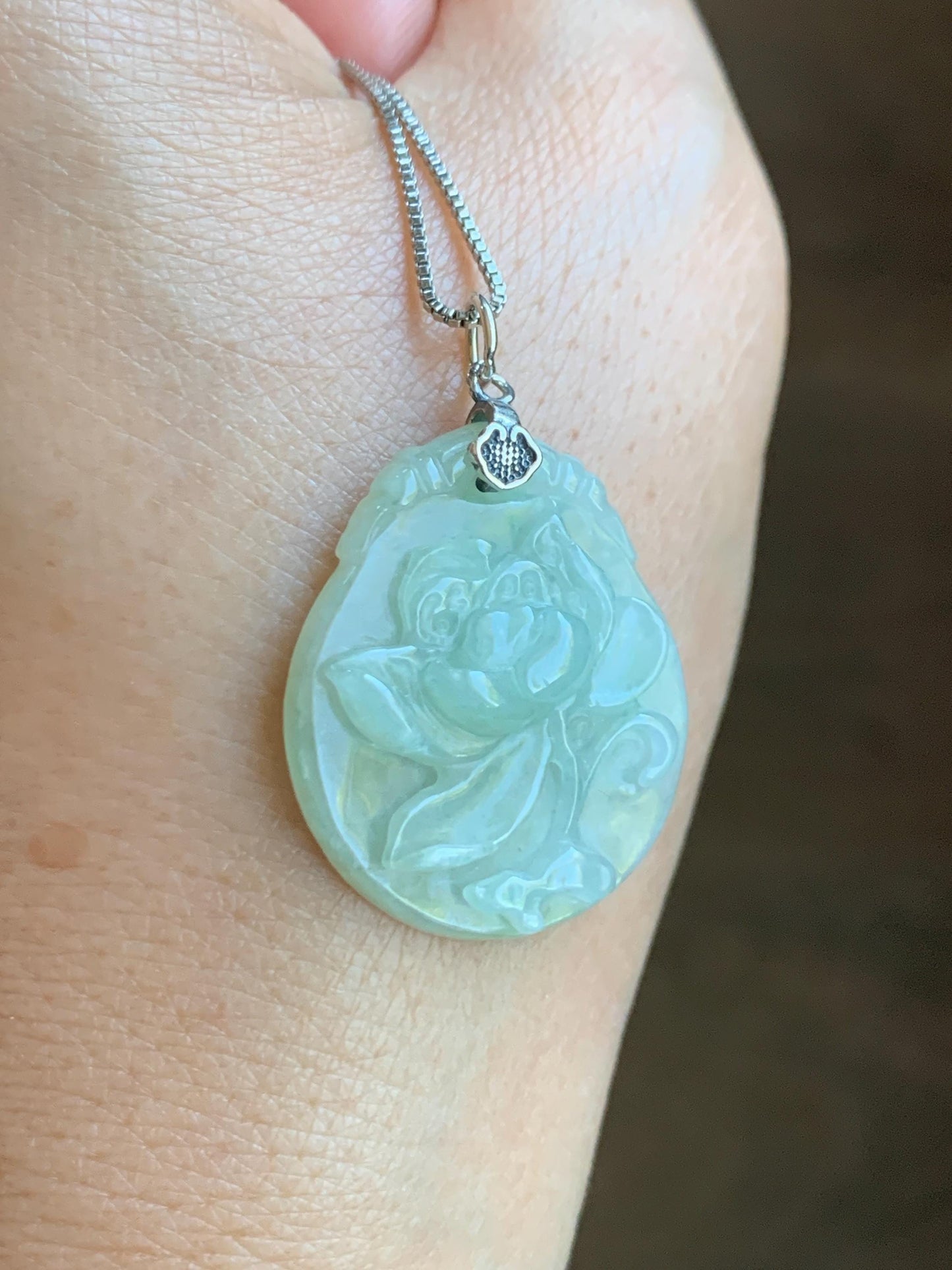 Natural Grade A Icy Translucent Pastel Green Jade Jadeite Carved Peony Flower Pendant Sterling Silver 7g 天然细糯浅果绿翡翠牡丹花吊坠 MPY70A