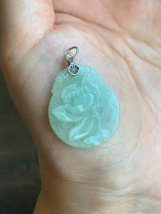Natural Grade A Icy Translucent Pastel Green Jade Jadeite Carved Peony Flower Pendant Sterling Silver 7g 天然细糯浅果绿翡翠牡丹花吊坠 MPY70A
