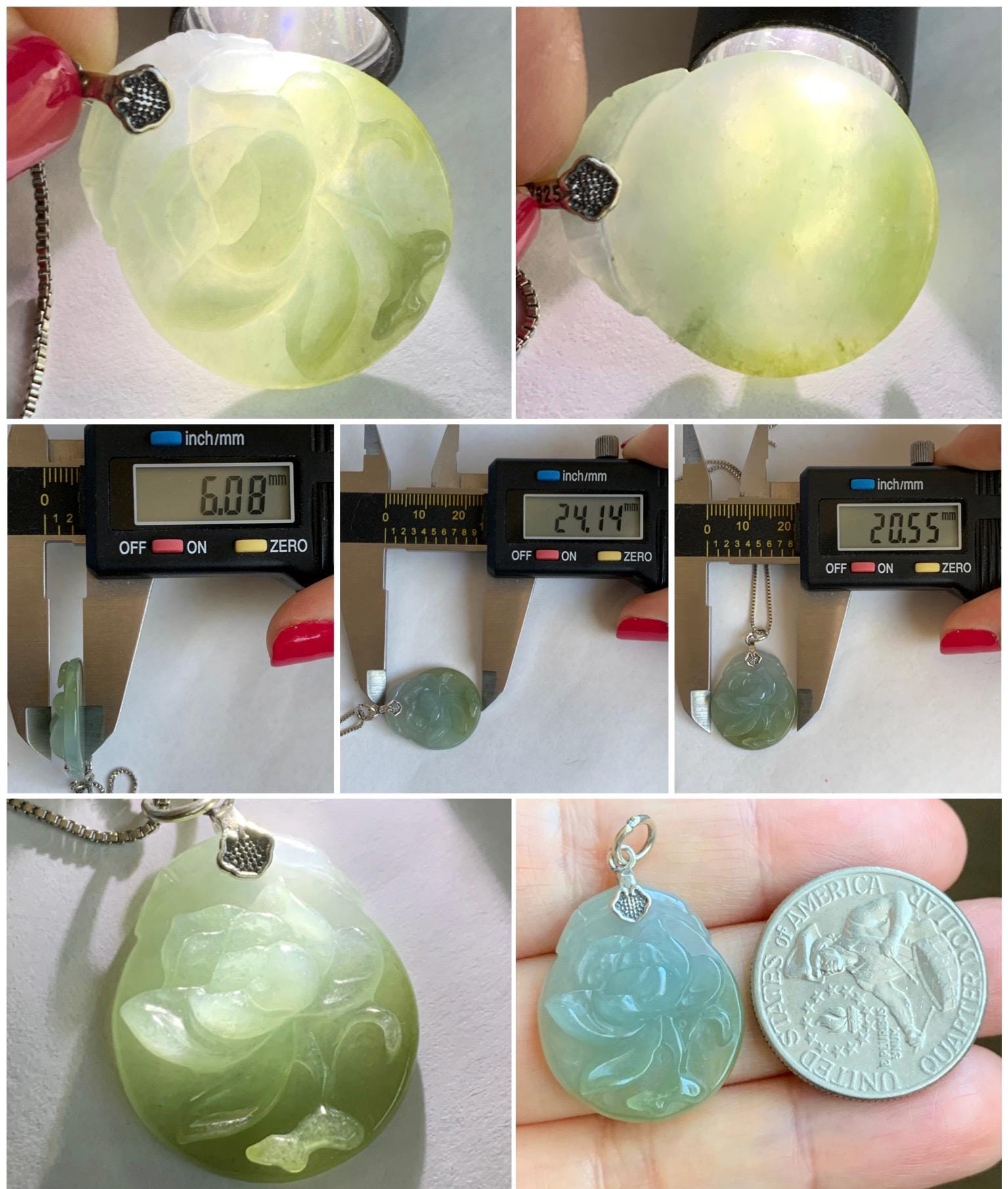 Natural Grade A Icy Translucent Dark Olive Green Jade Jadeite Carved Peony Flower Pendant Sterling Silver 5g 天然细糯橄榄绿翡翠牡丹花吊坠 MPY70B